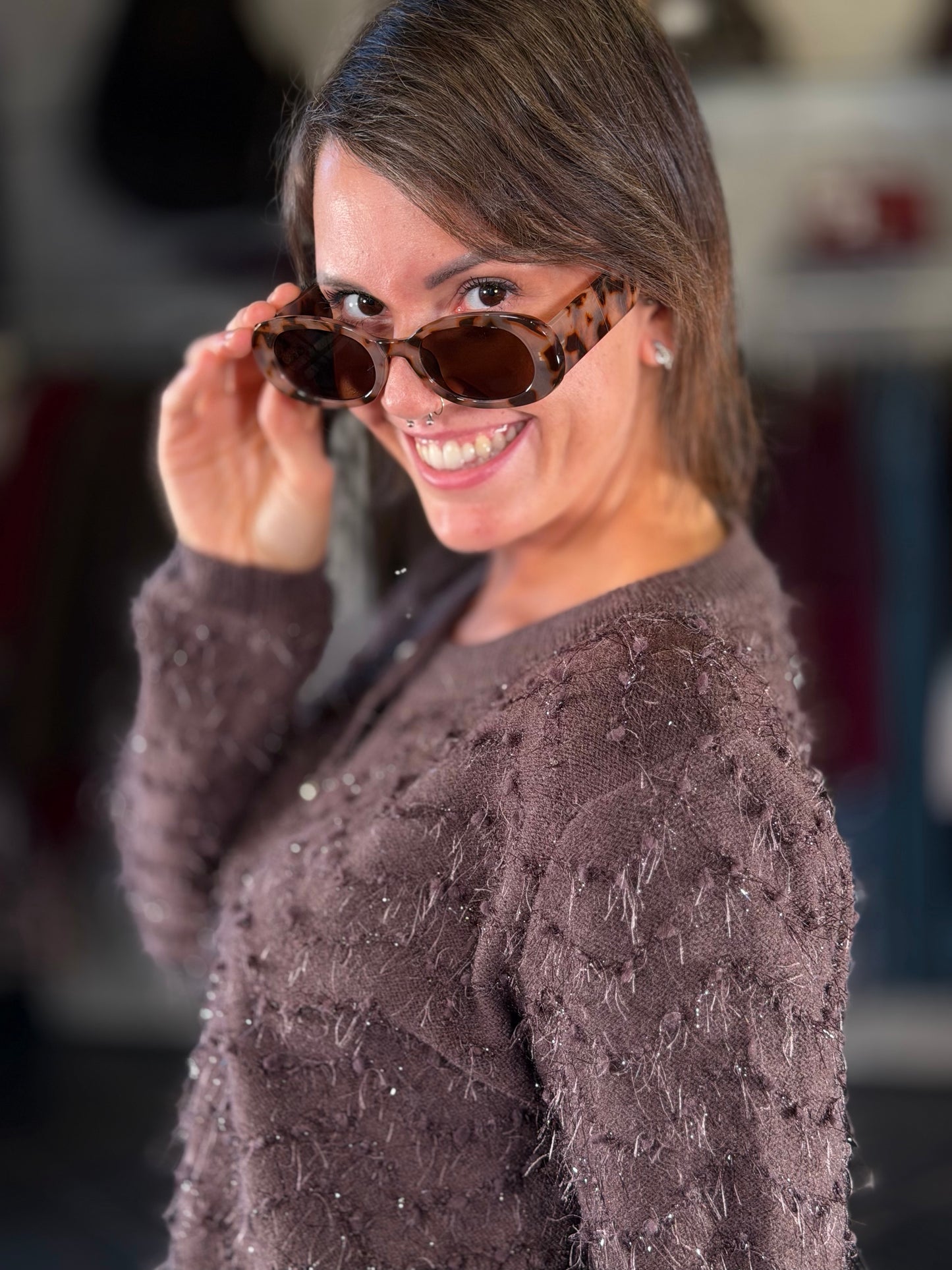 Cardigan marrone con filo lurex in taglia unica 2417