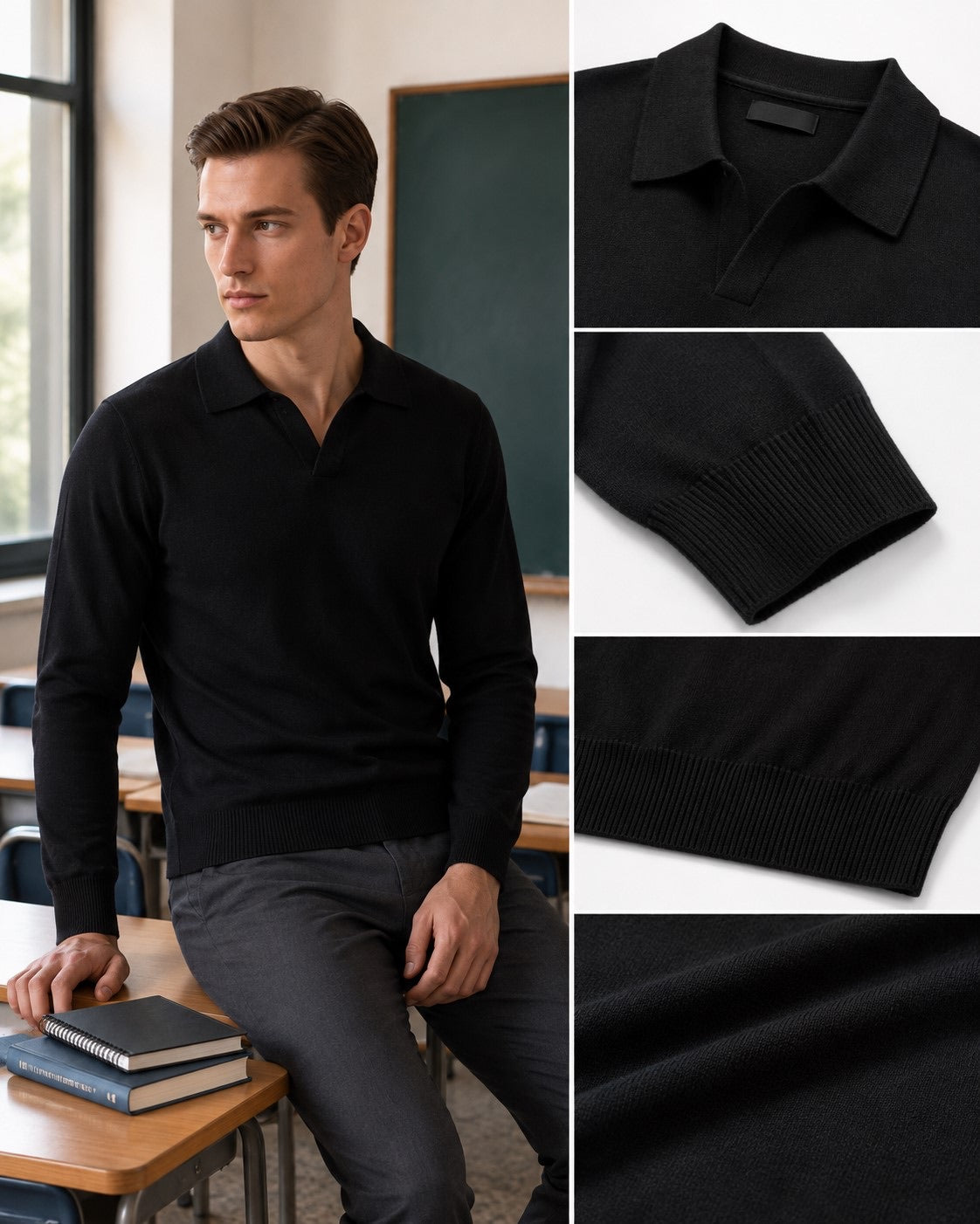 Polo in maglia scollo a V nera