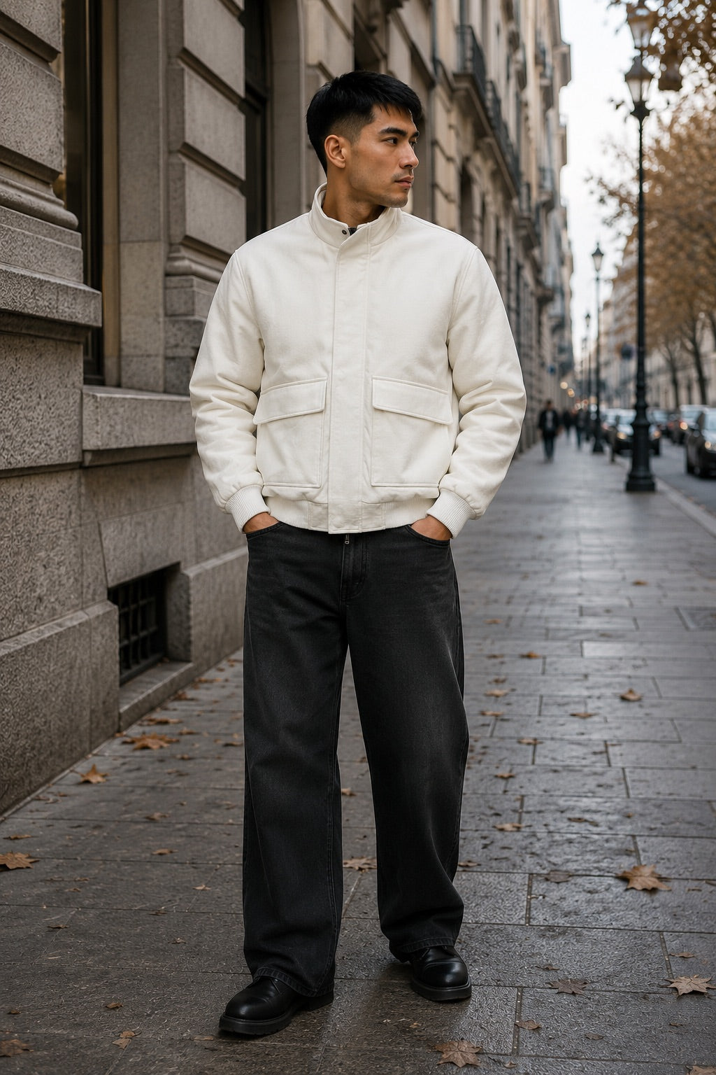 Giubbino in suede panna con tasche applicate