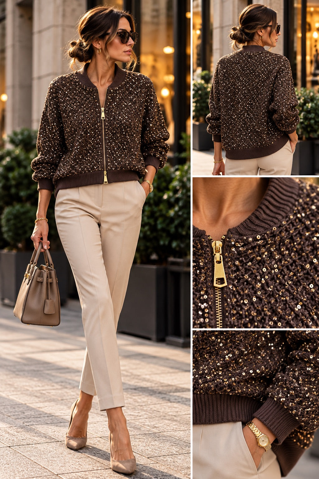 Cardigan bomber con paillettes marrone in taglia unica