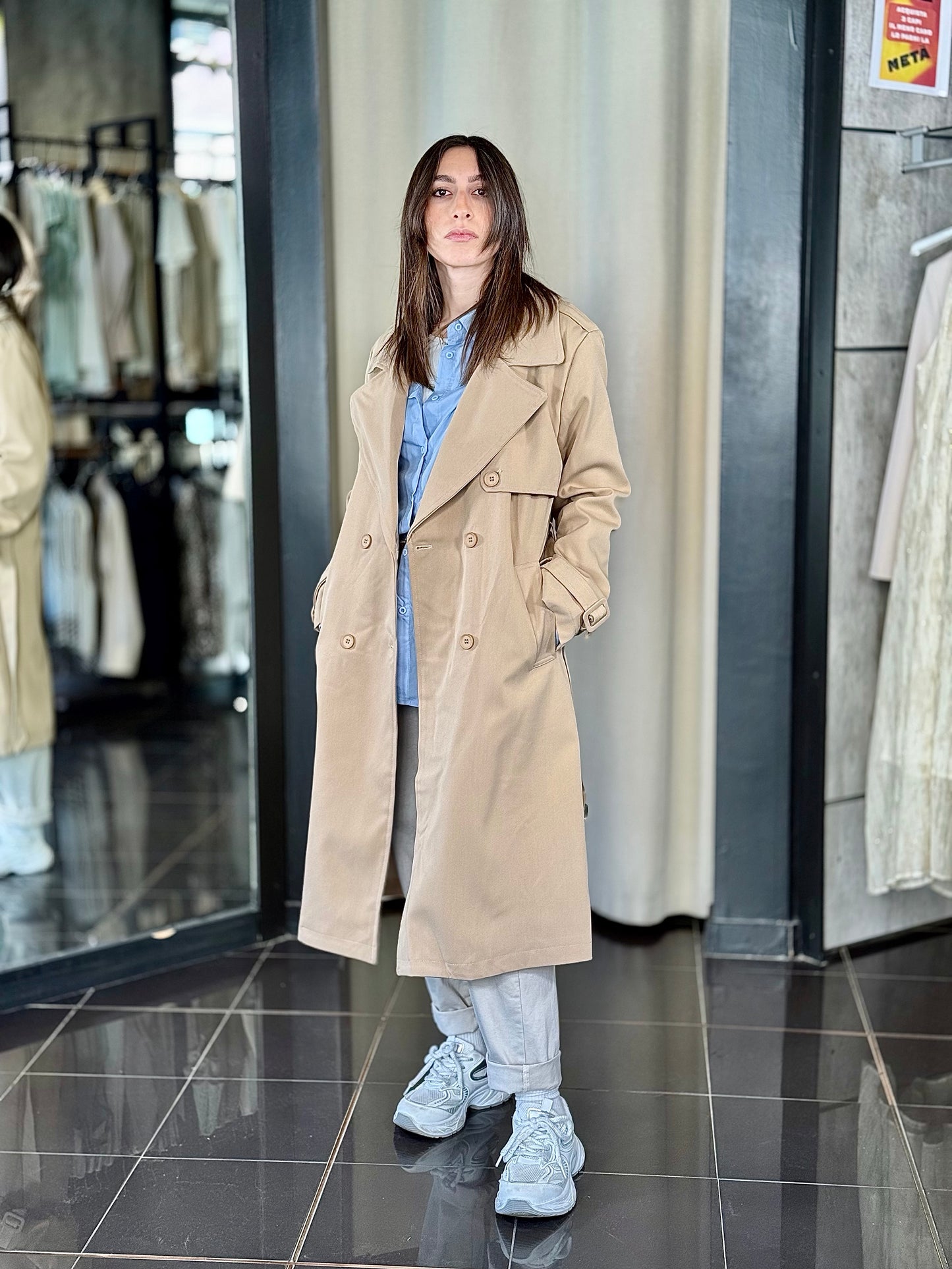 Trench beige lungo con fusciacca in taglia unica 357