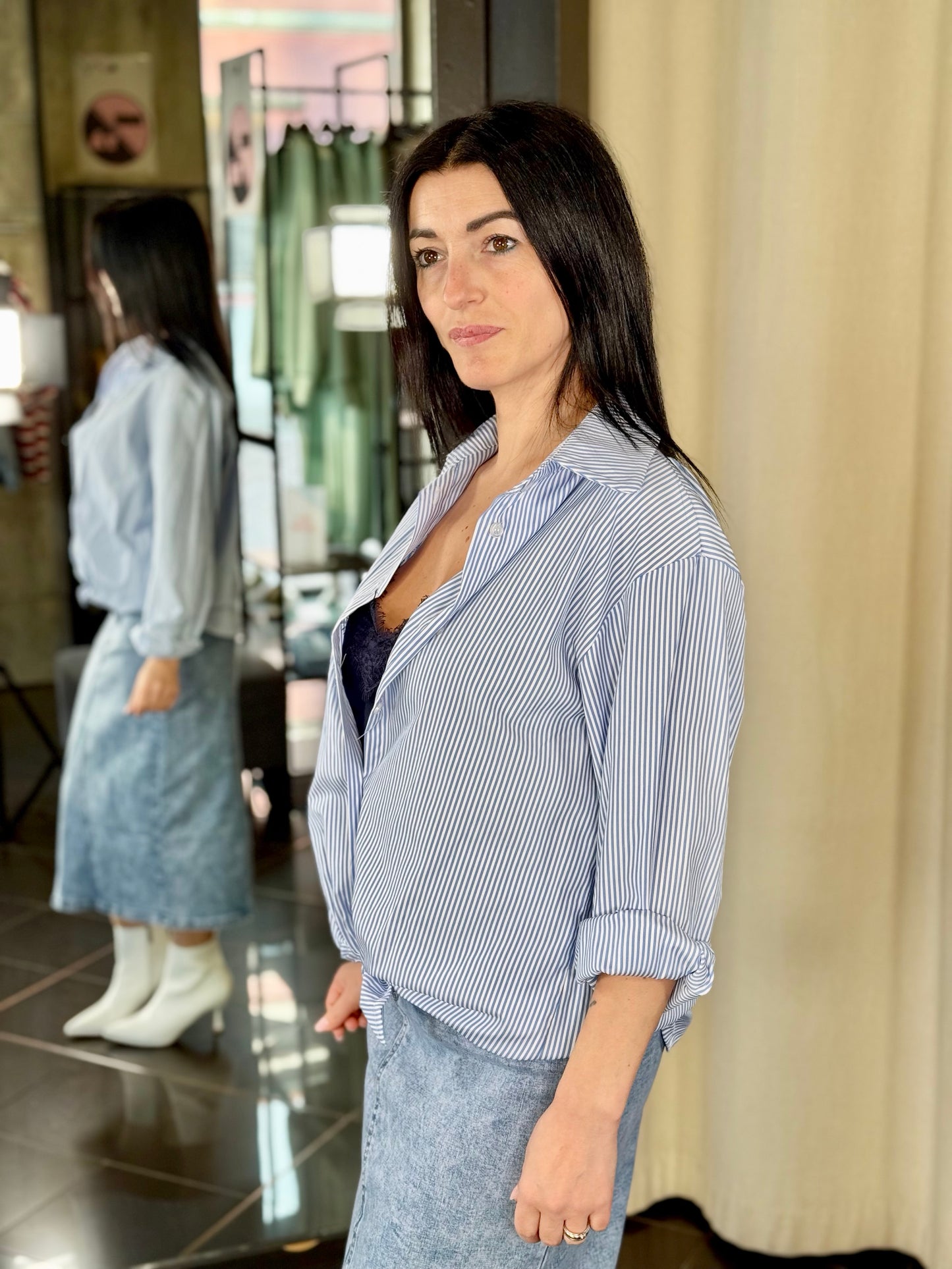 Camicia oversize a righe blu con scritta NO VABBÈ dietro in taglia unica 014