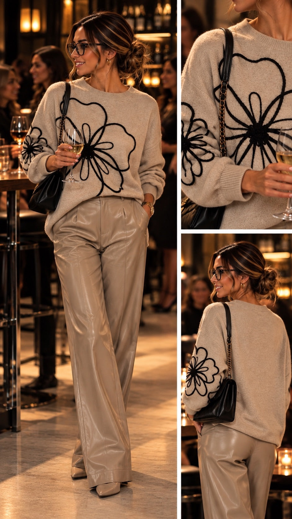 Maglioncino a lupetto beige con fiore ricamato nero