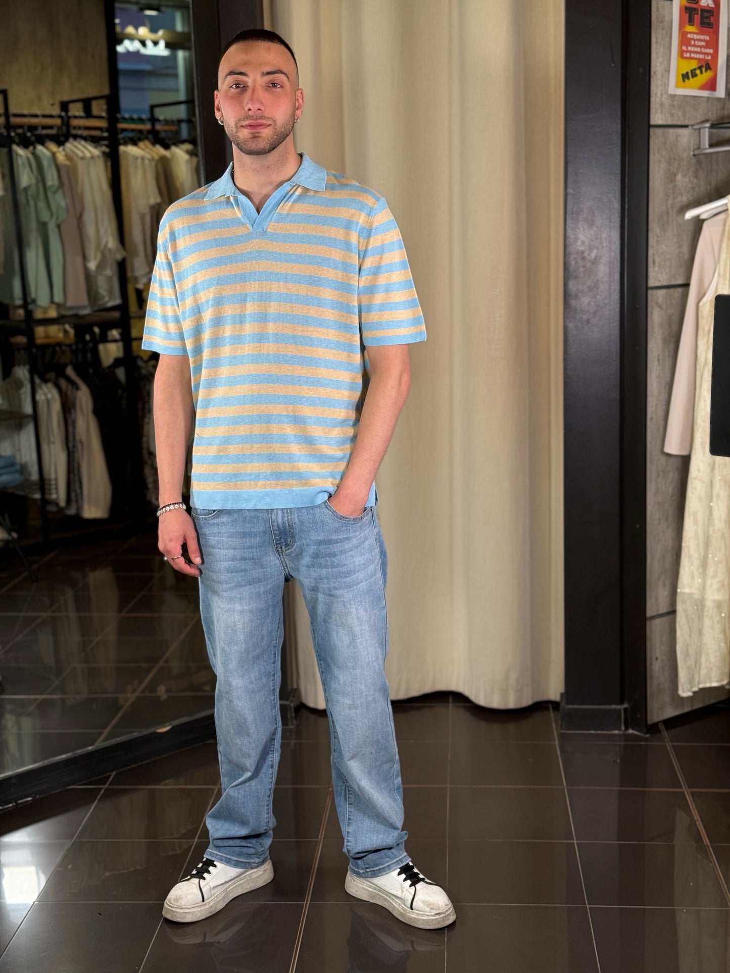Polo in maglina a righe azzurre e beige 441