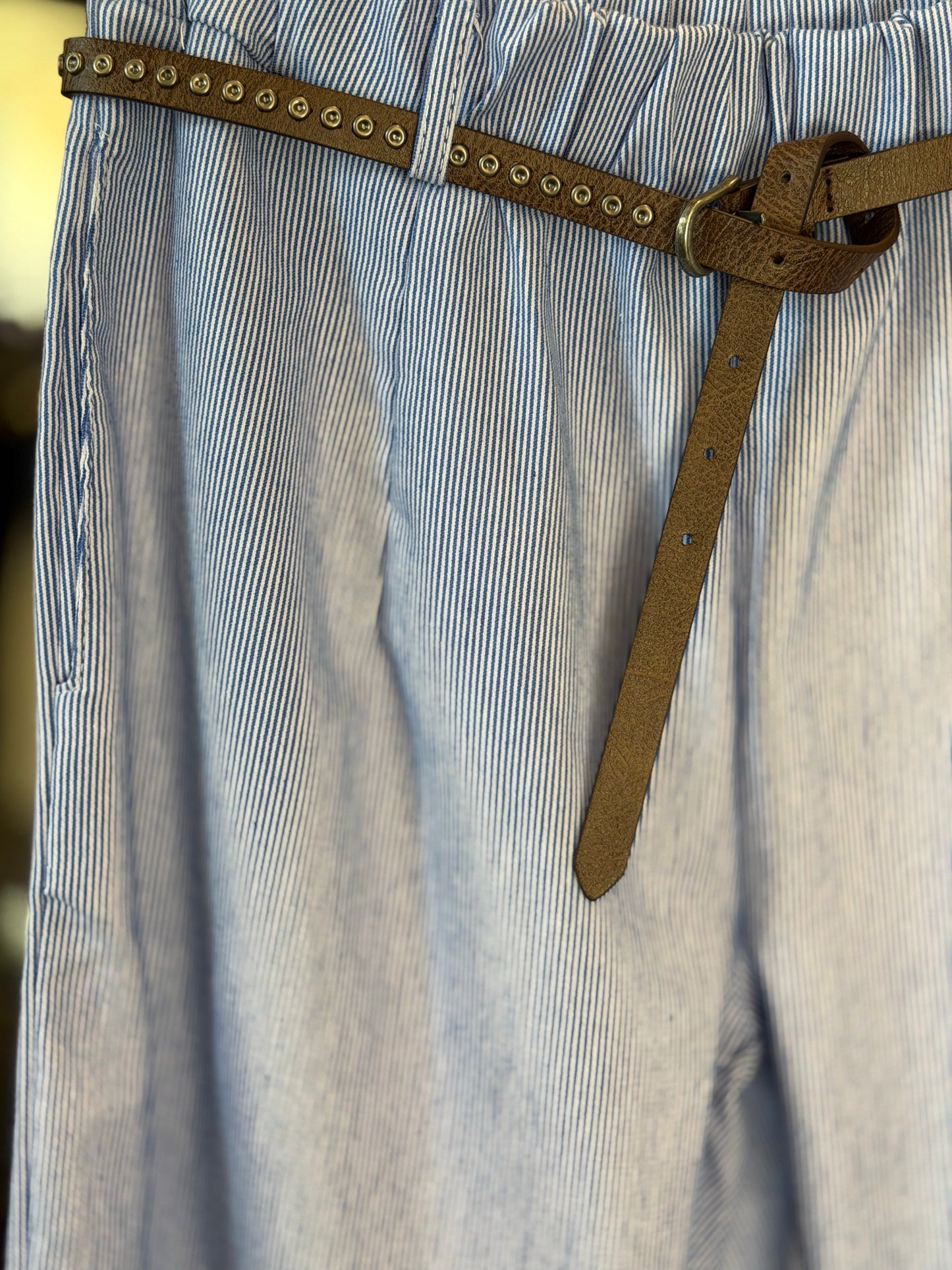 Pantalone Slim a righe azzurre con elastico in vita in taglia unica 2856
