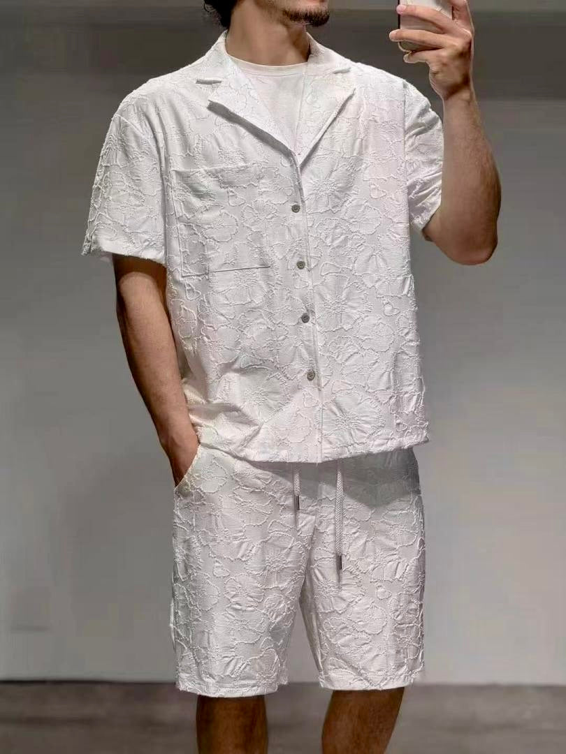 Completo bianco camicia + shorts con trama tono su tono 2336