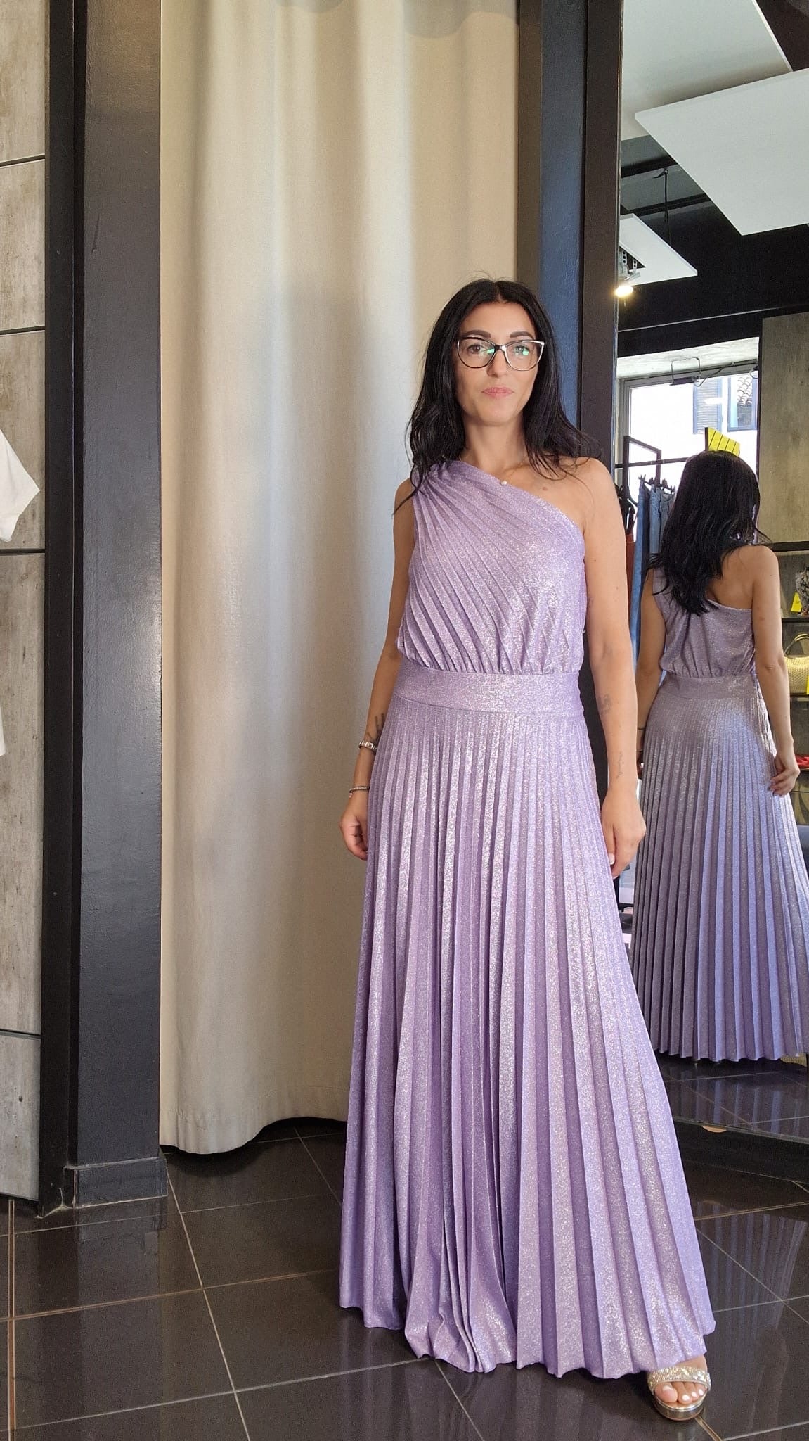 Abito lilla monospalla plissettato lurex Rinascimento