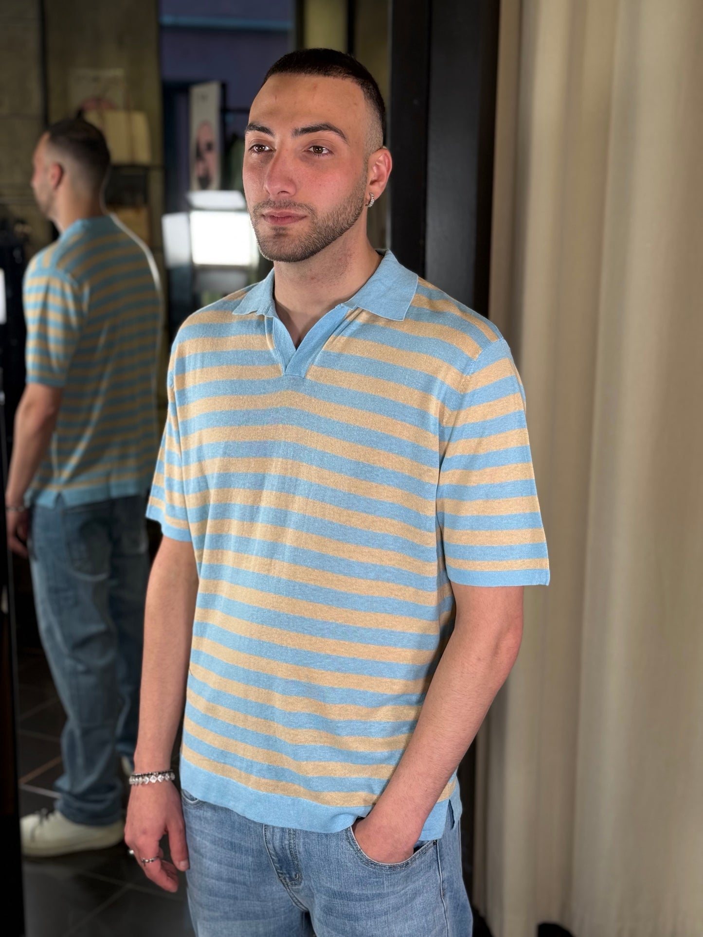 Polo in maglina a righe azzurre e beige 441