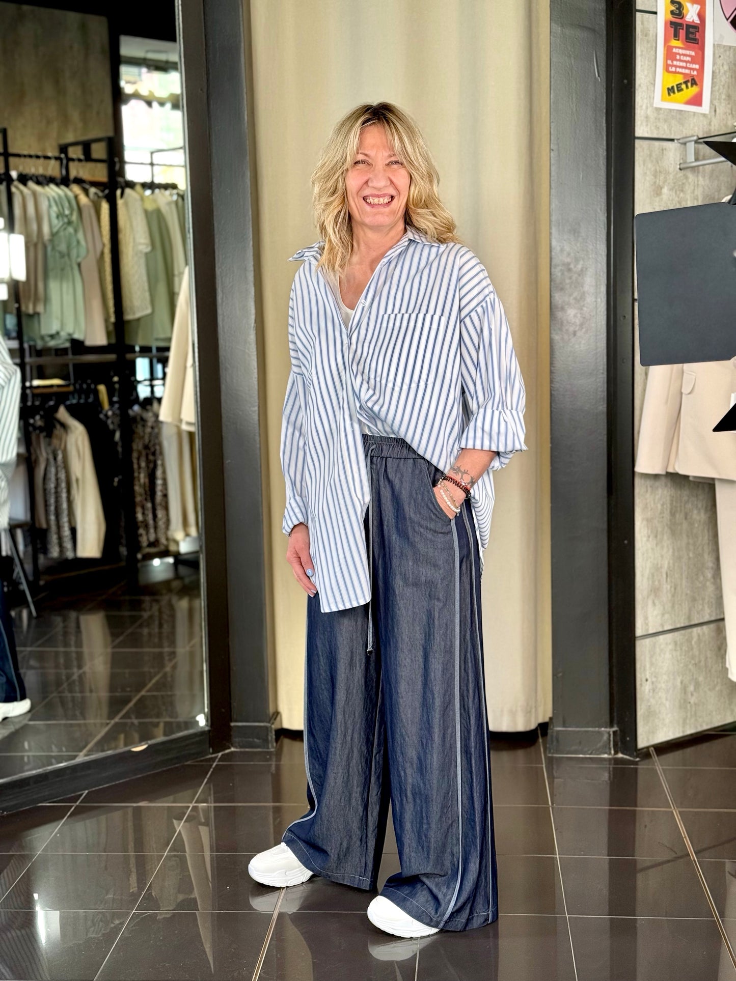Pantalone a palazzo effetto jeans con coulisse in vita 217