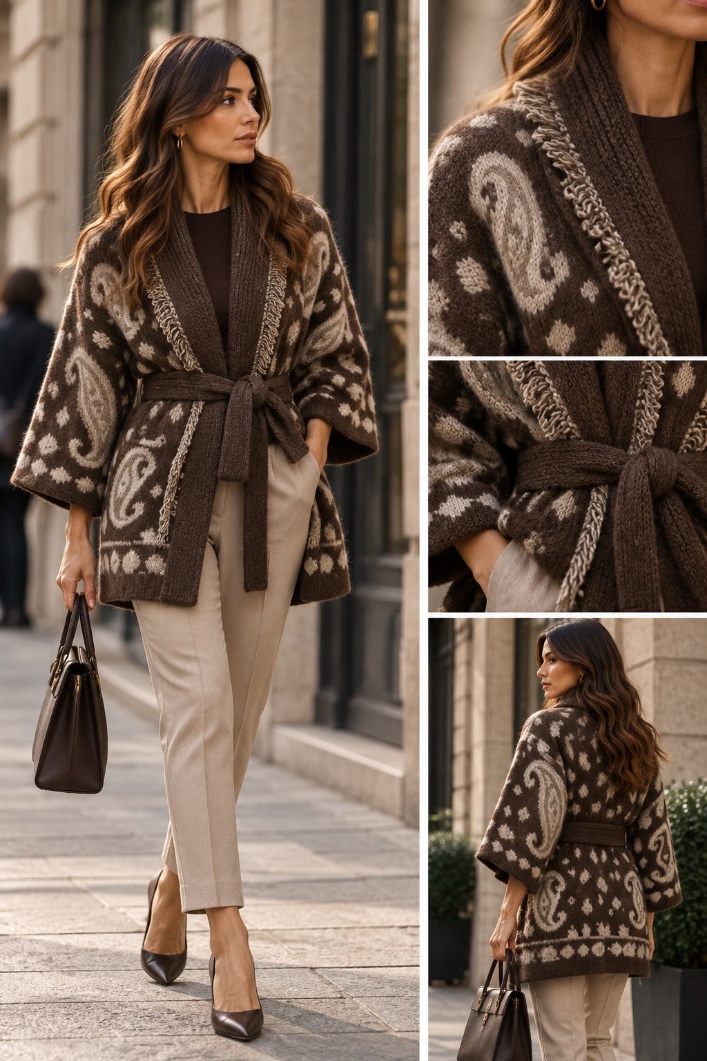 Cardigan marrone con fusciacca con fantasia grigio in taglia unica