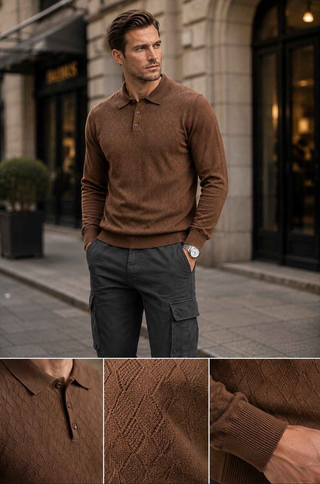 Polo in maglia con trama tono su tono marrone