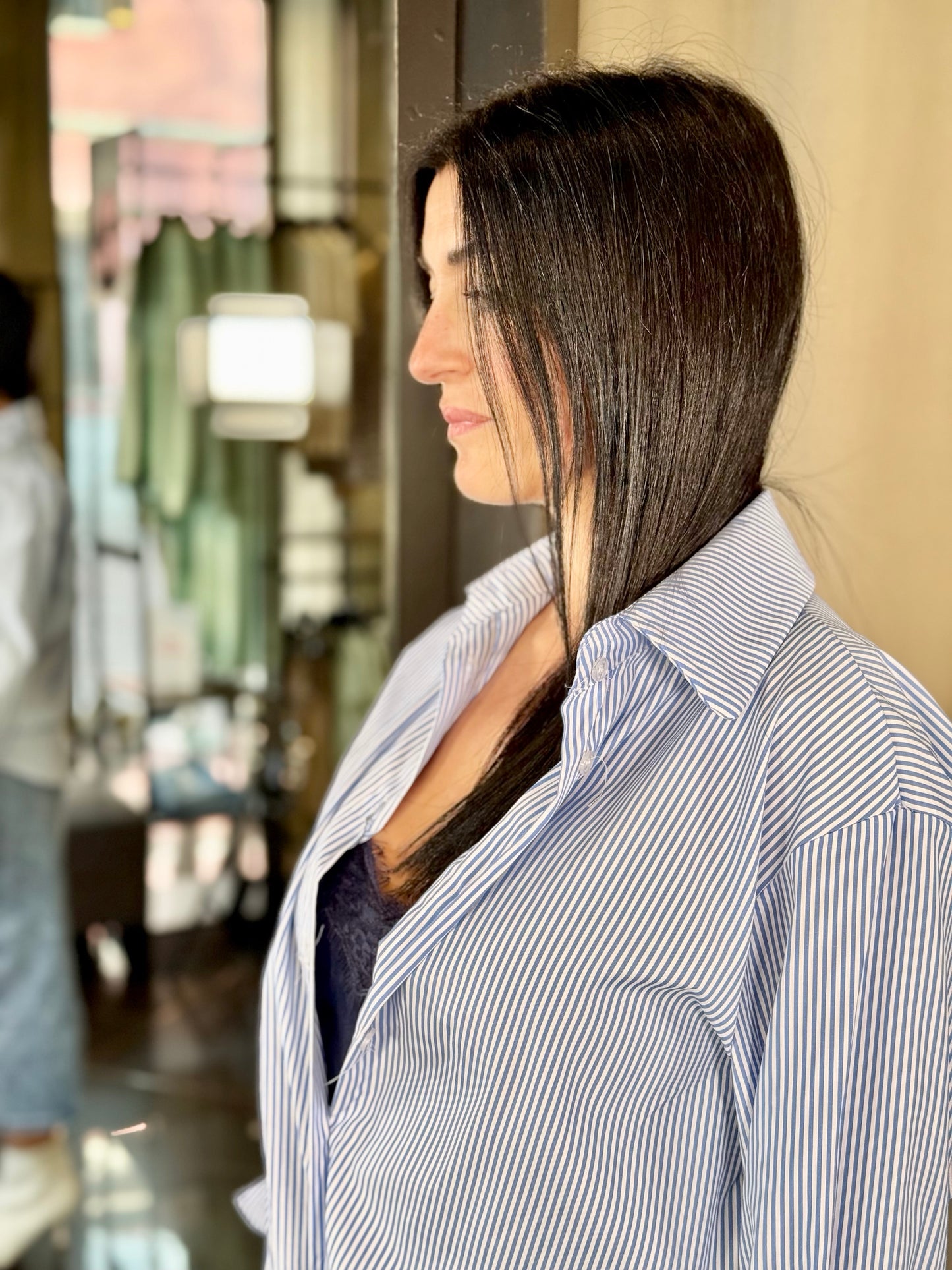 Camicia oversize a righe blu con scritta NO VABBÈ dietro in taglia unica 014