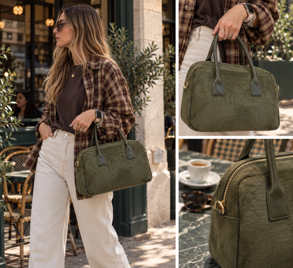 Borsa a bauletto verde con stampa coco effetto suede con tracolla all’interno
