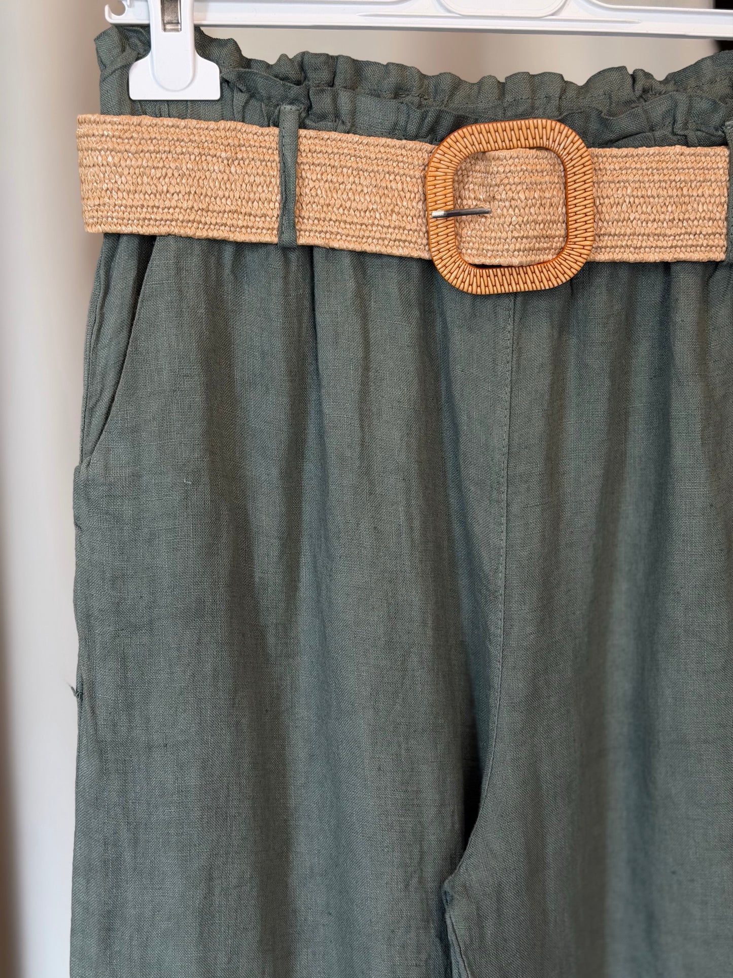 Pantalone in lino verde militare con cintura in taglia unica 2560