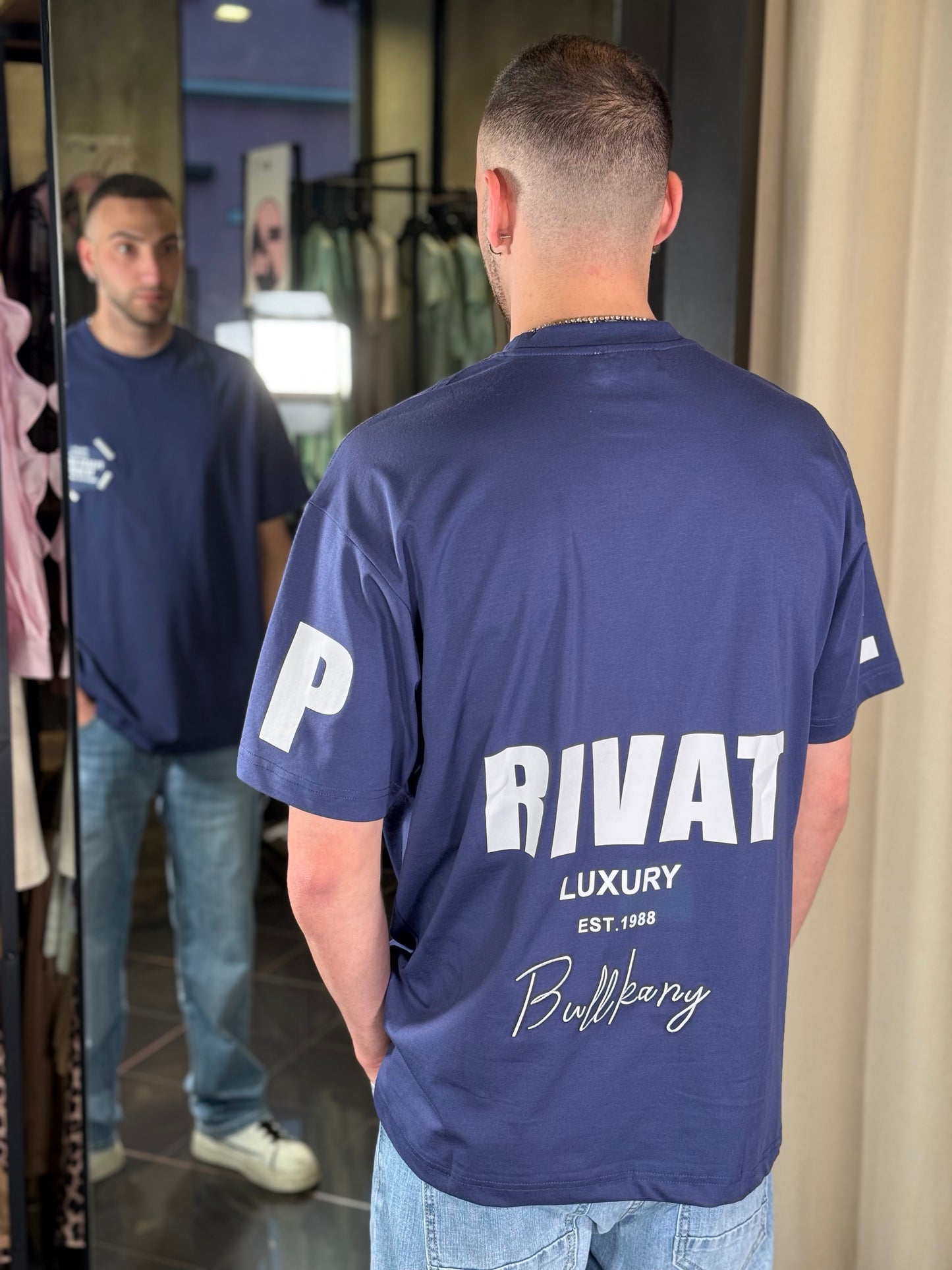 T-shirt blu oversize con stampa dietro 401