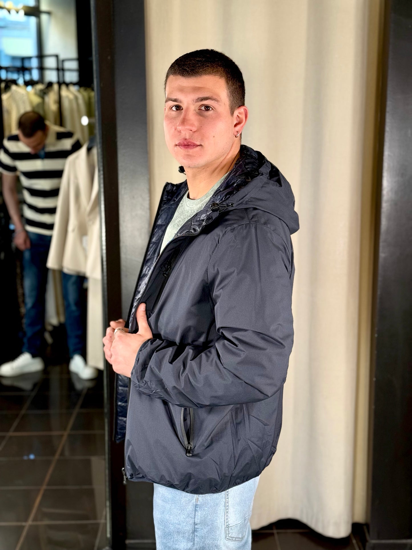 Giubbino nylon reversibile con cappuccio blu 088