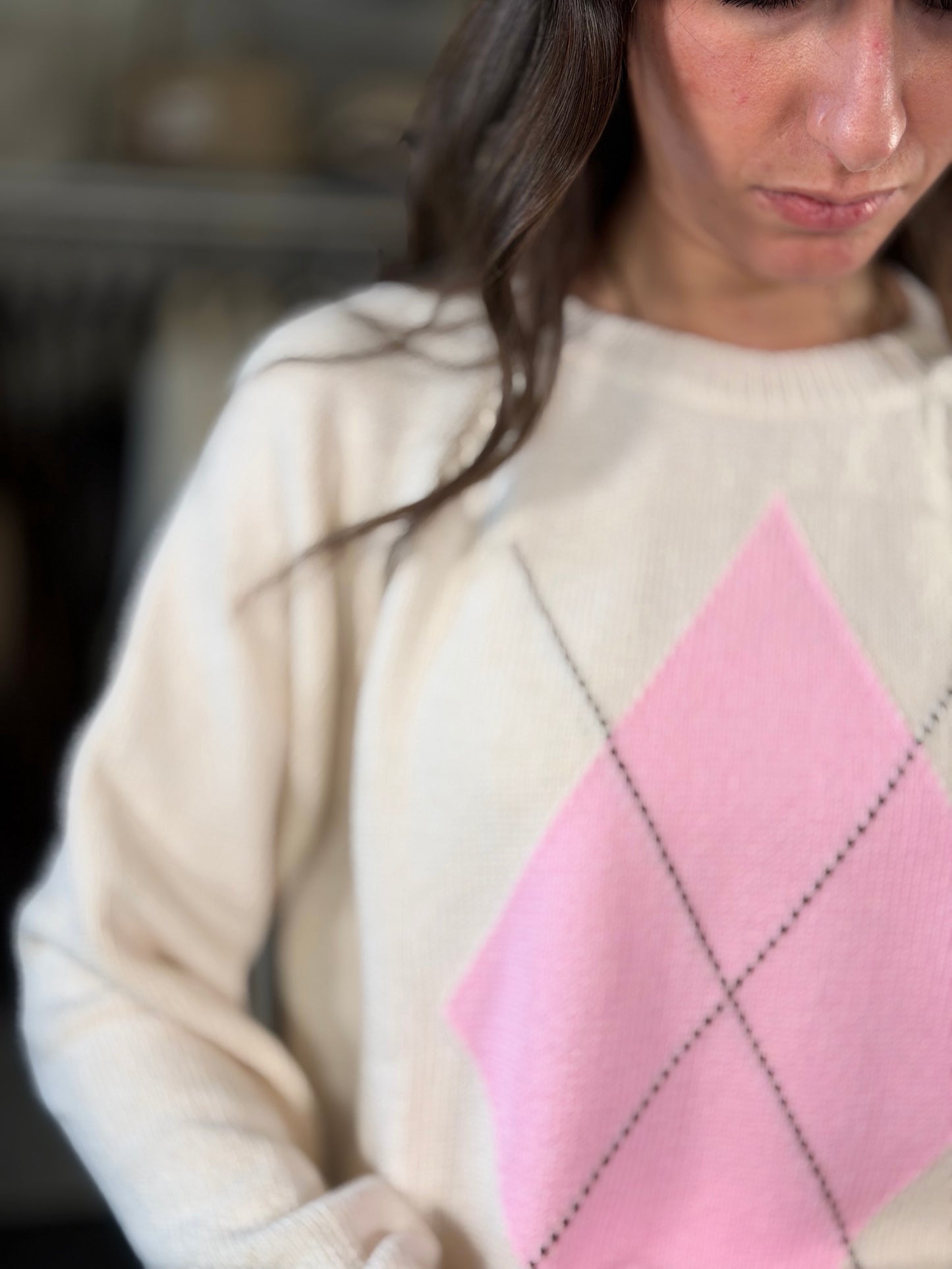 Maglioncino beige con rombo rosa in taglia unica 2250