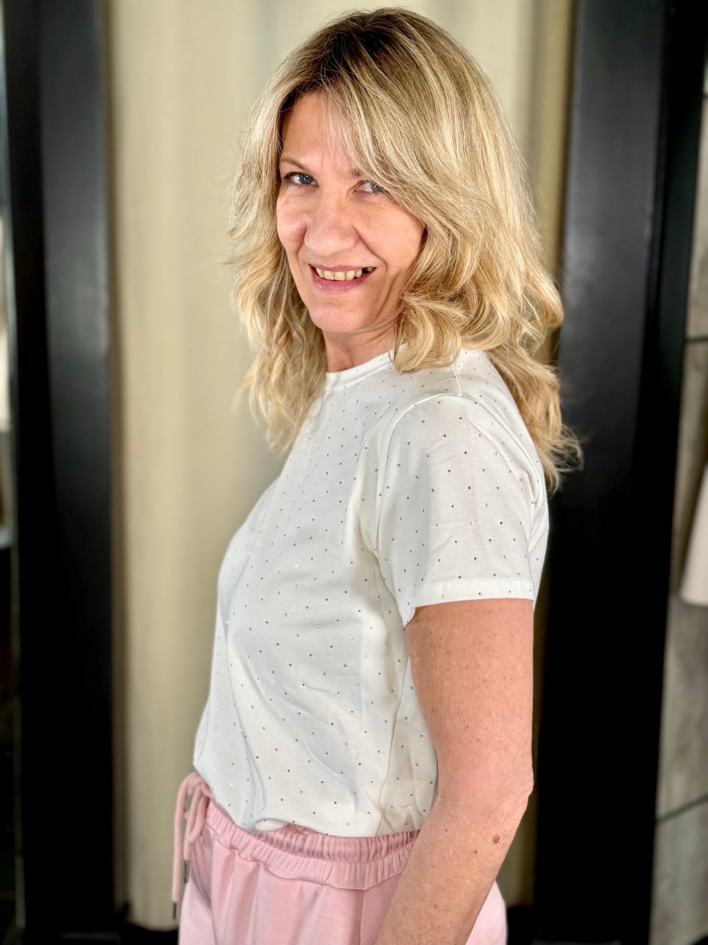 T-shirt bianca con brillantini in taglia unica 065