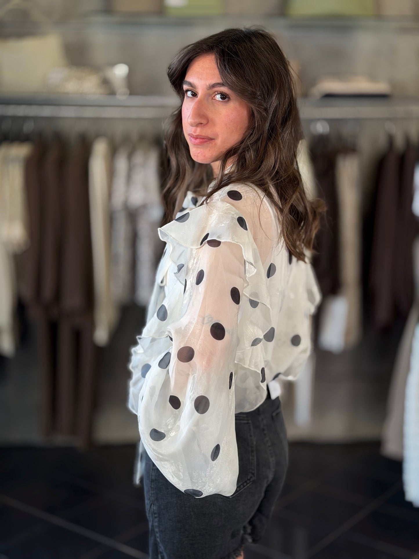 Camicia a pois bianca com fiocco in taglia unica 2244