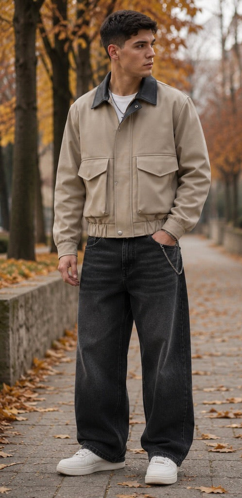 Giubbino in nylon beige con inserti in similpelle marroni