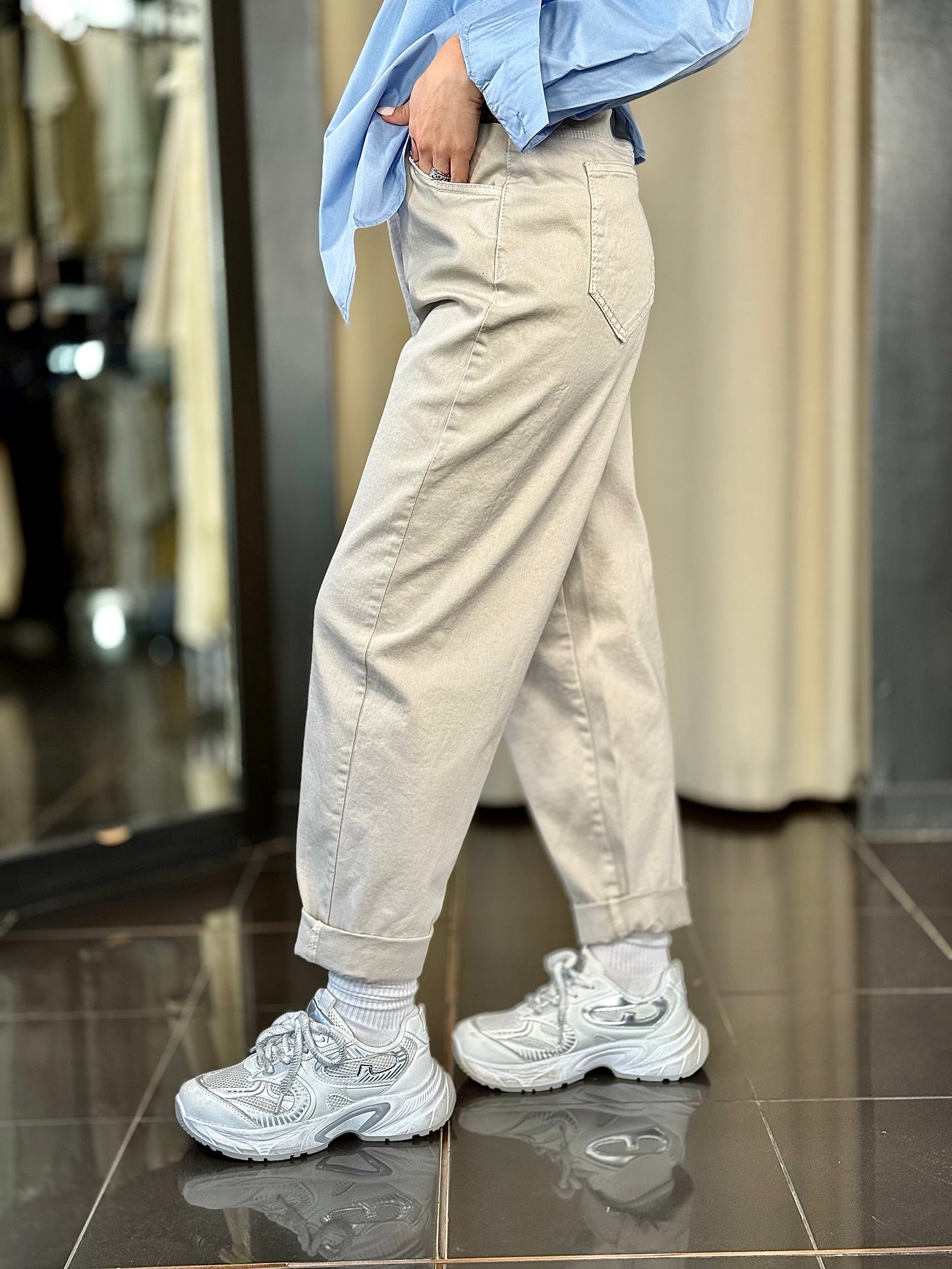 Pantalone baloon sabbia con cintura intrecciata 317