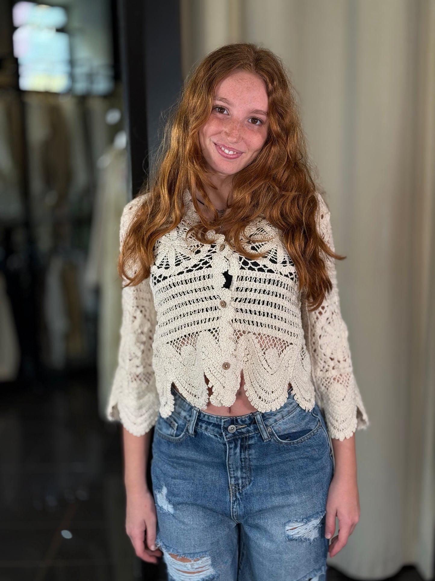 Cardigan crop uncinetto sabbia in taglia unica 319