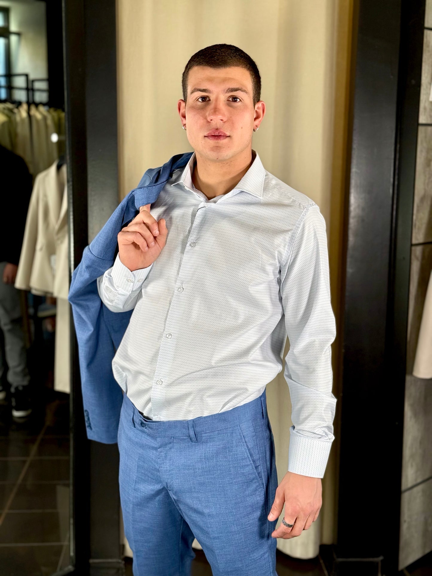 Camicia bianca con micro fantasia azzurra 170