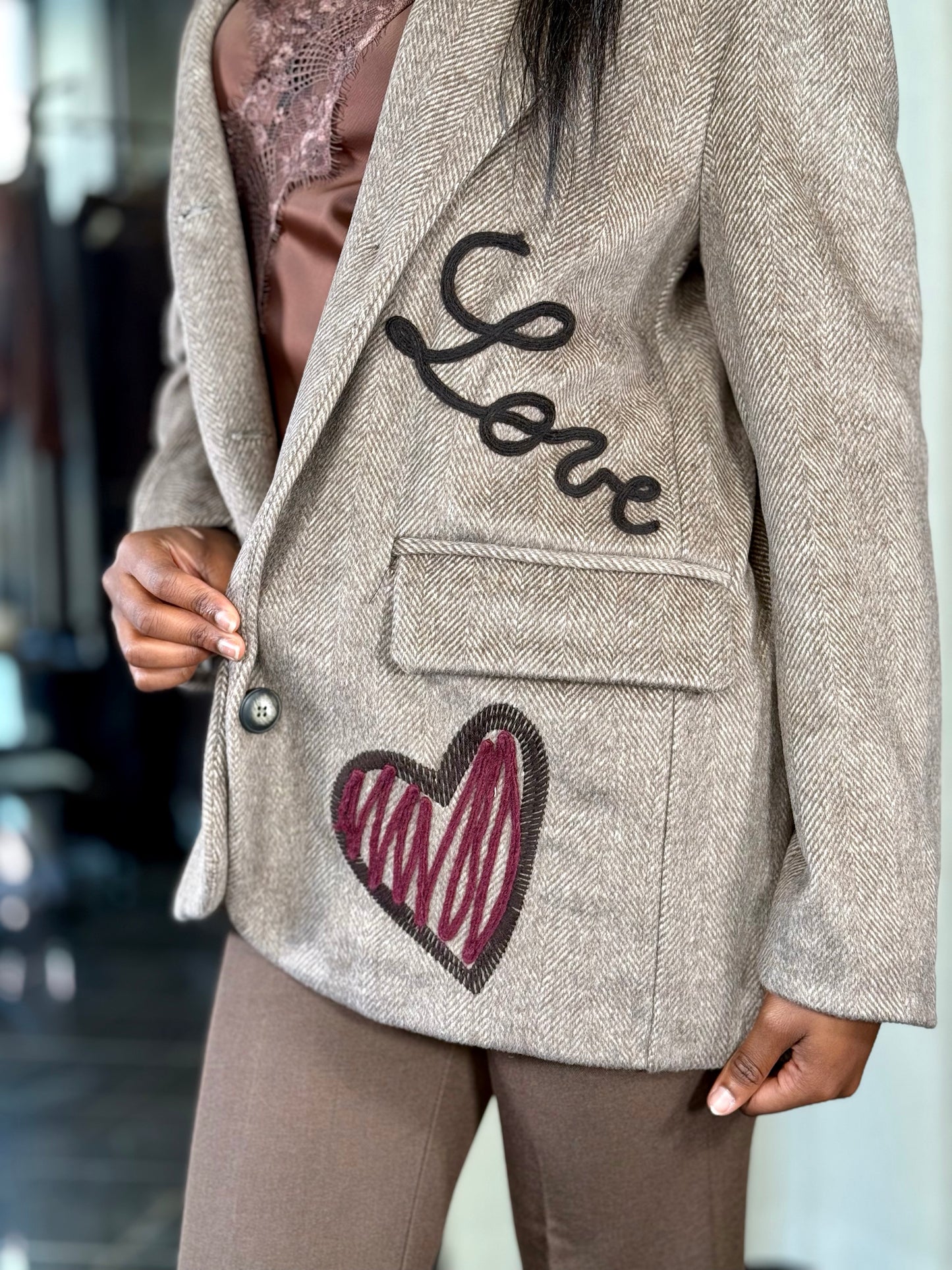 Blazer oversize spigato marrone con ricamo in taglia unica 2268