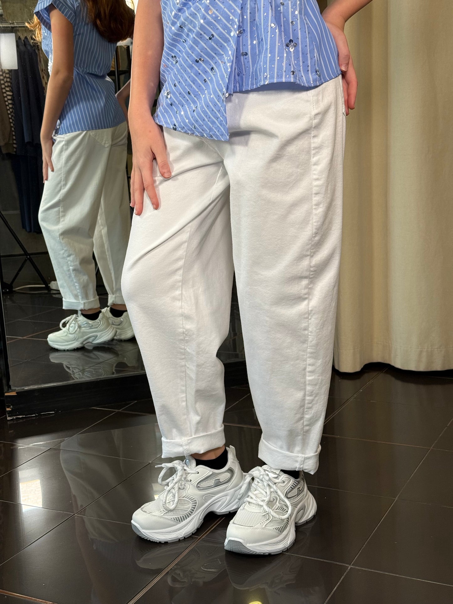 Pantalone baloon bianco con cintura intrecciata 318
