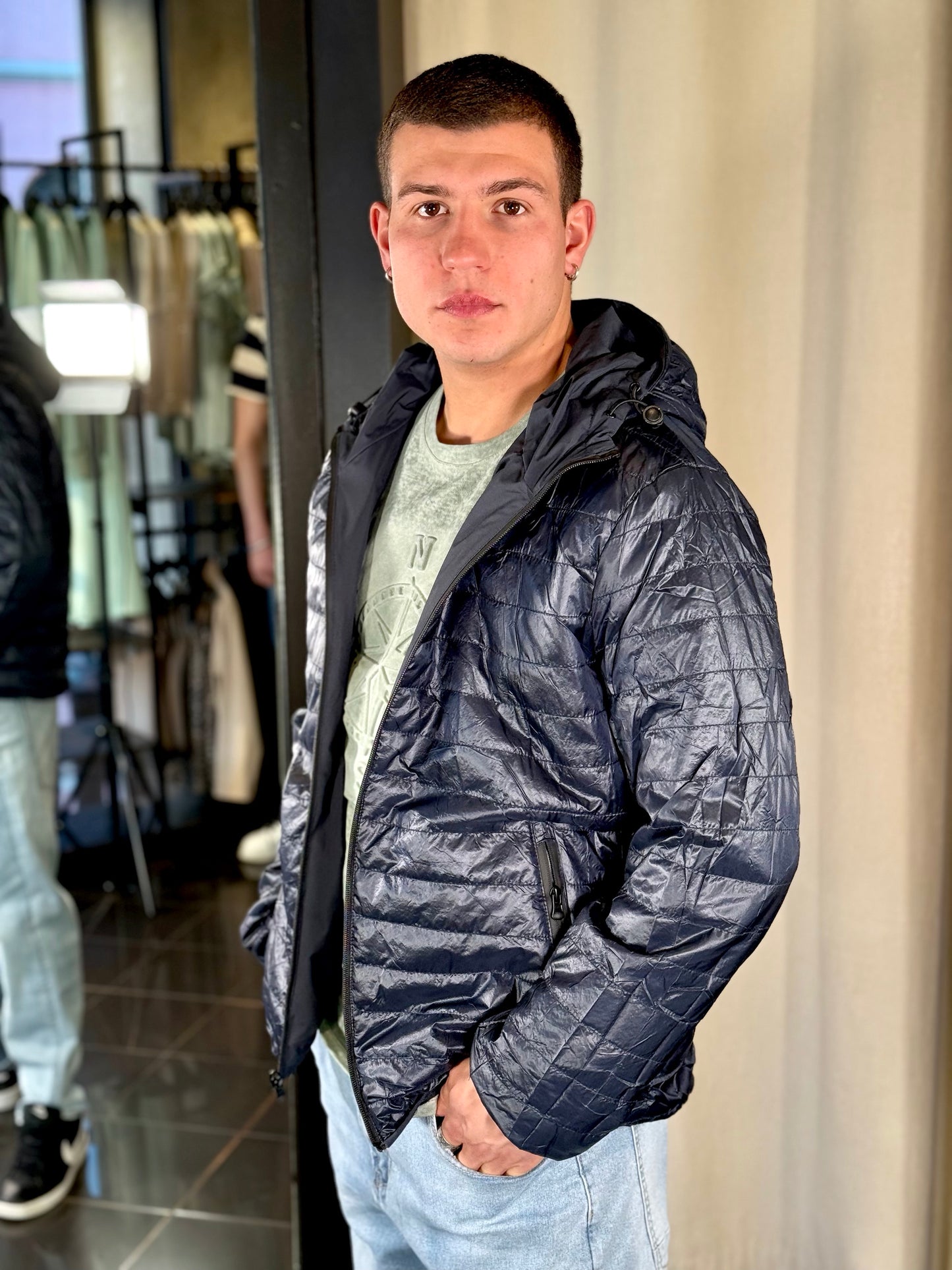 Giubbino nylon reversibile con cappuccio blu 088