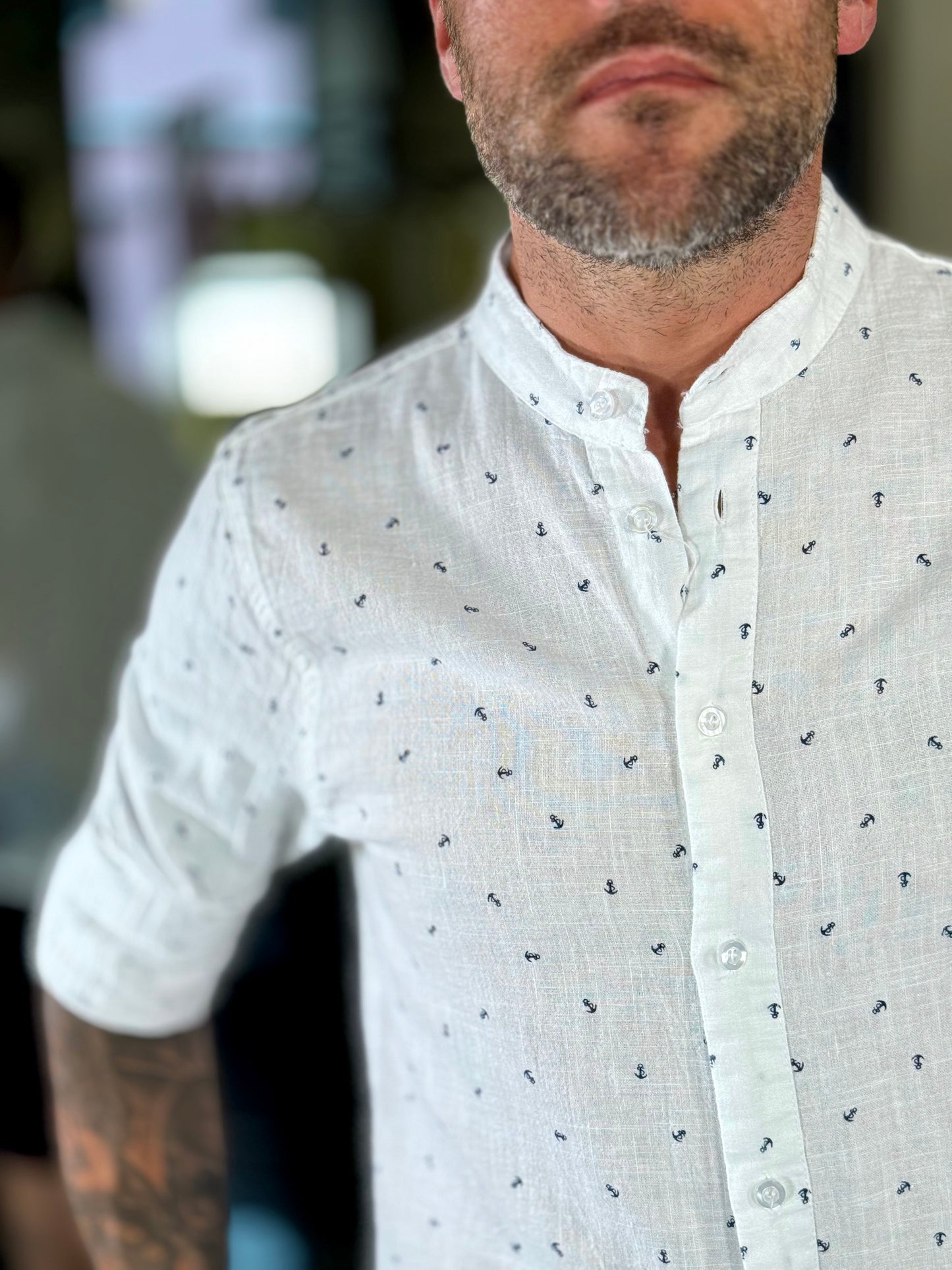 Camicia in lino bianca coreana con stampa ancora blu 626