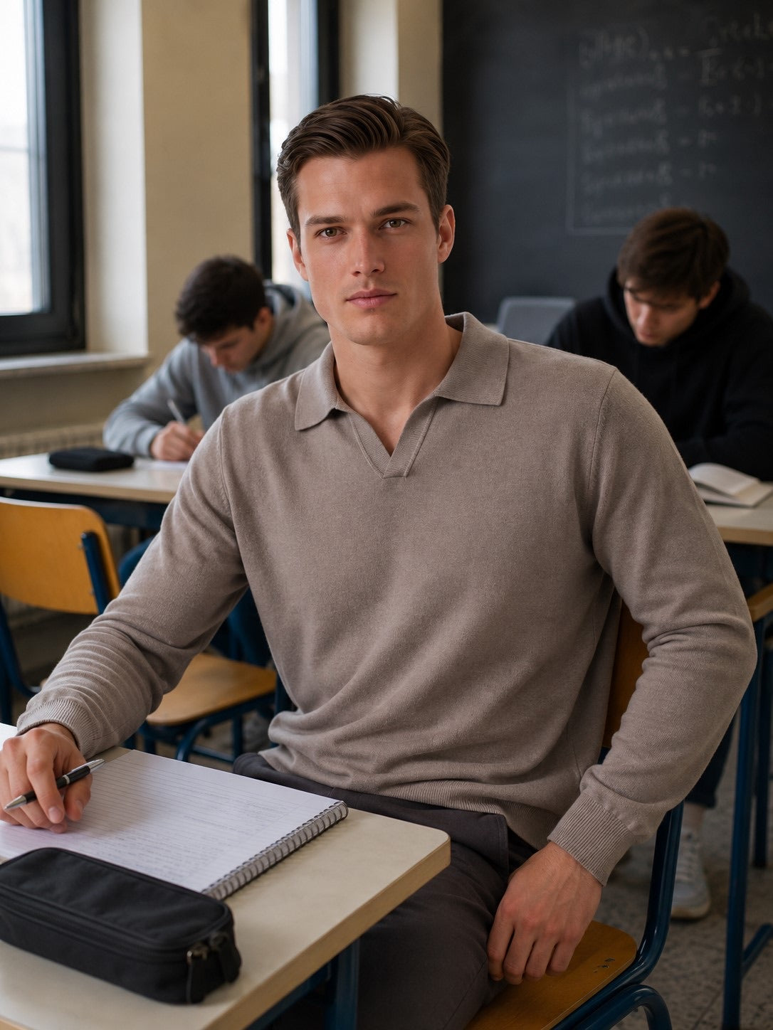 Polo in maglia scollo a V beige