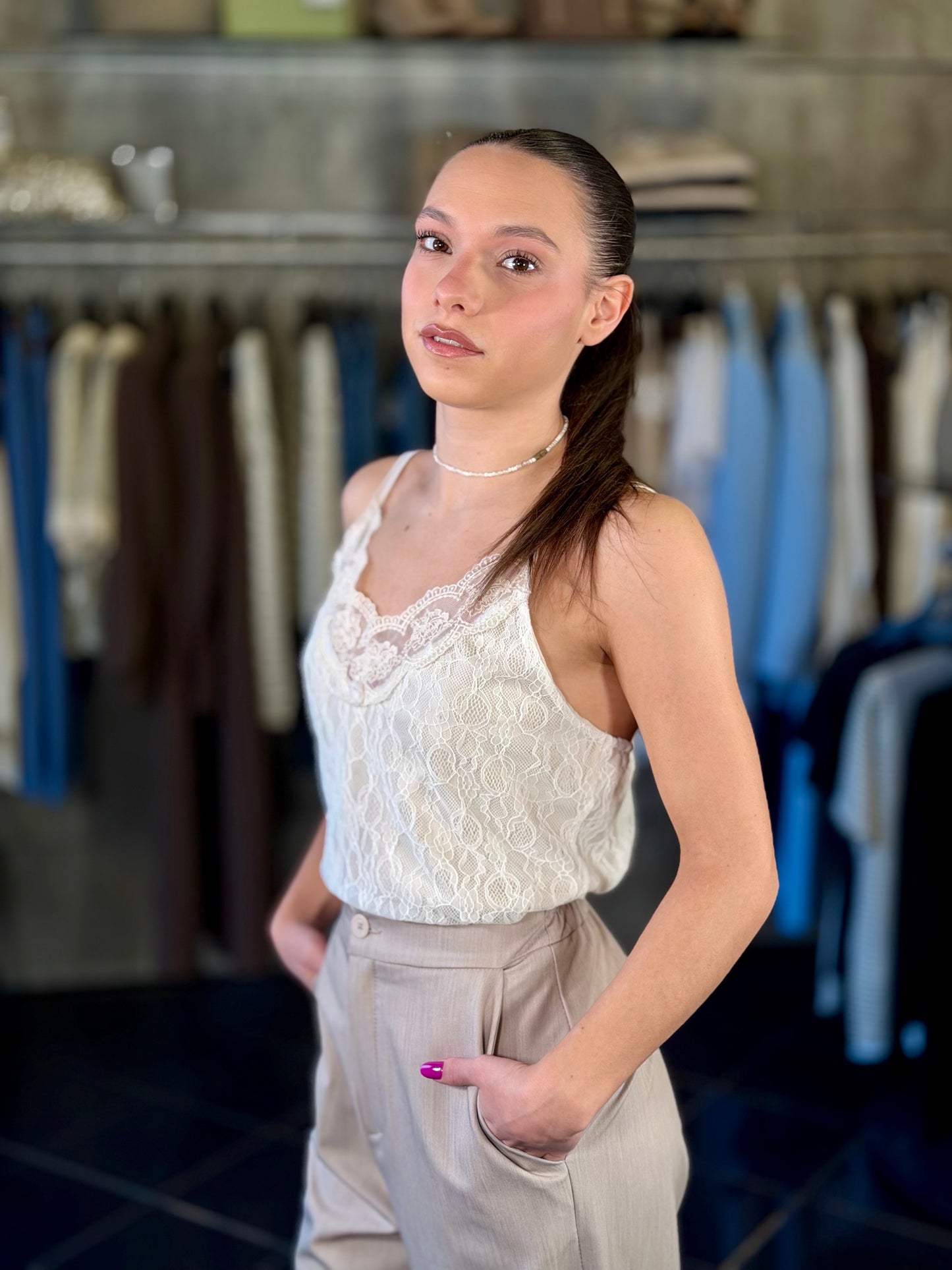 Top in pizzo panna in taglia unica 2172