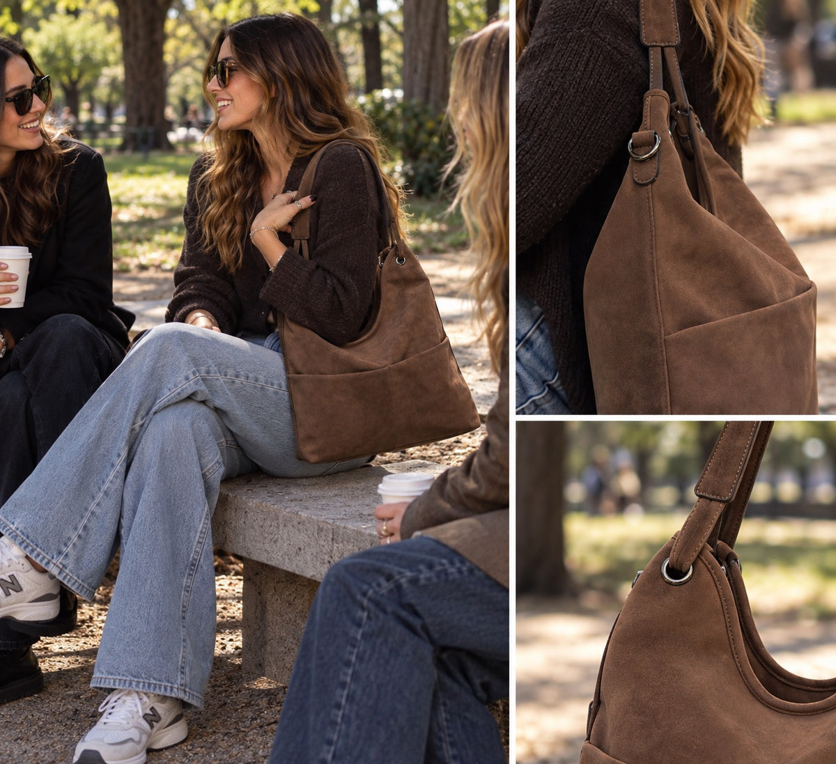 Borsa a spalla marrone con tasche davanti e tracolla all’interno