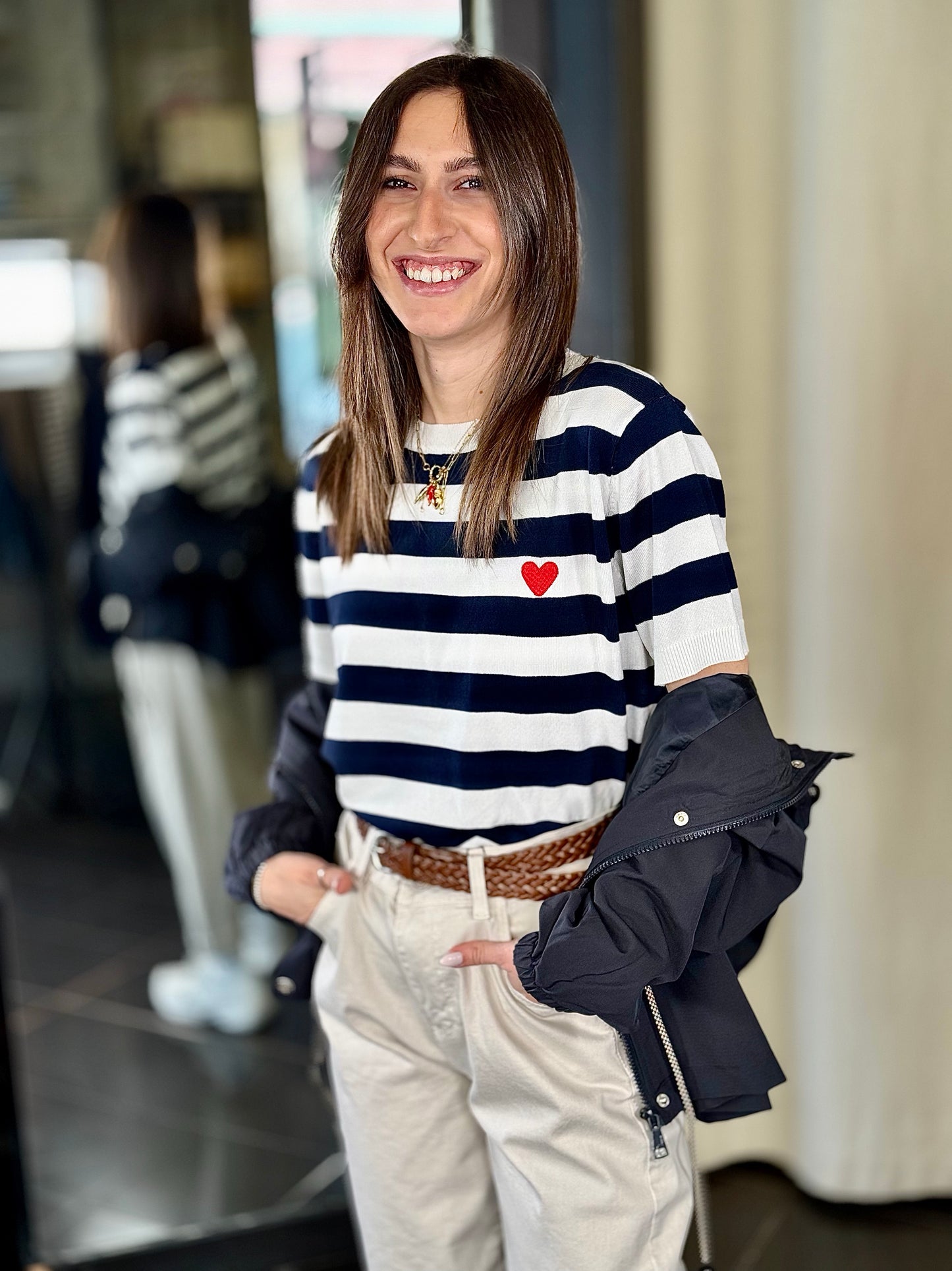 T-shirt in maglia a righe blu in taglia unica 313
