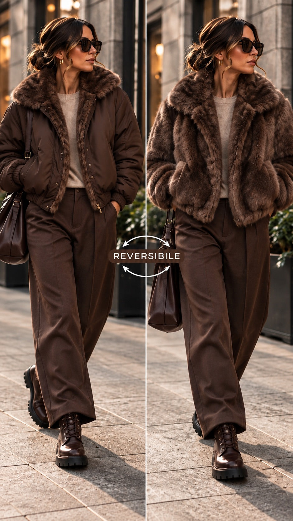 Bomber marrone con eco-pelliccia reversibile in taglia unica