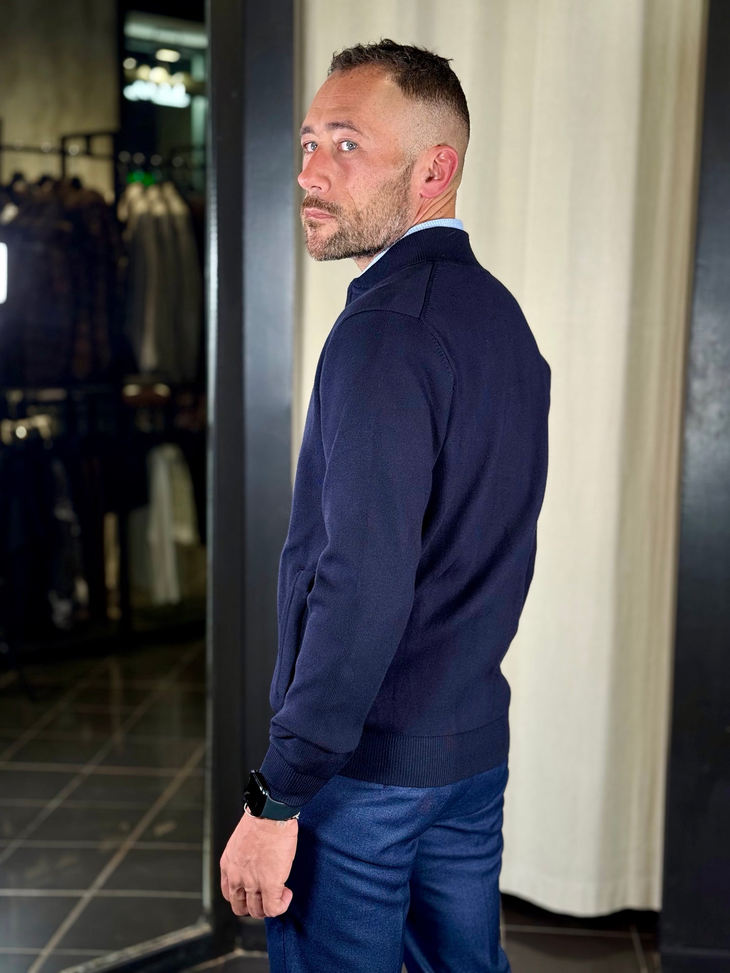 Bomber in maglia con zip blu 2346