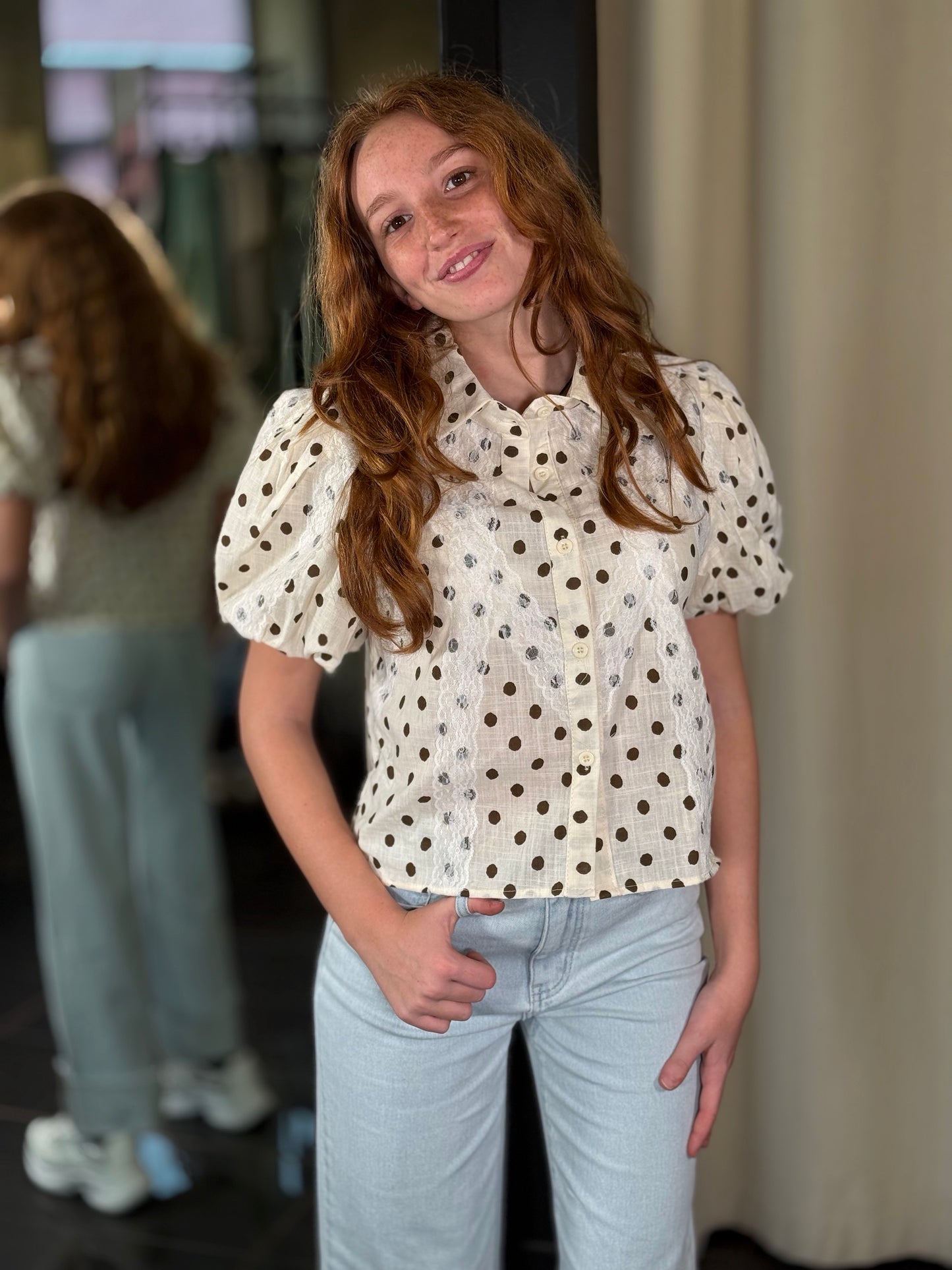 Camicia crop a pois marroni in taglia unica 459