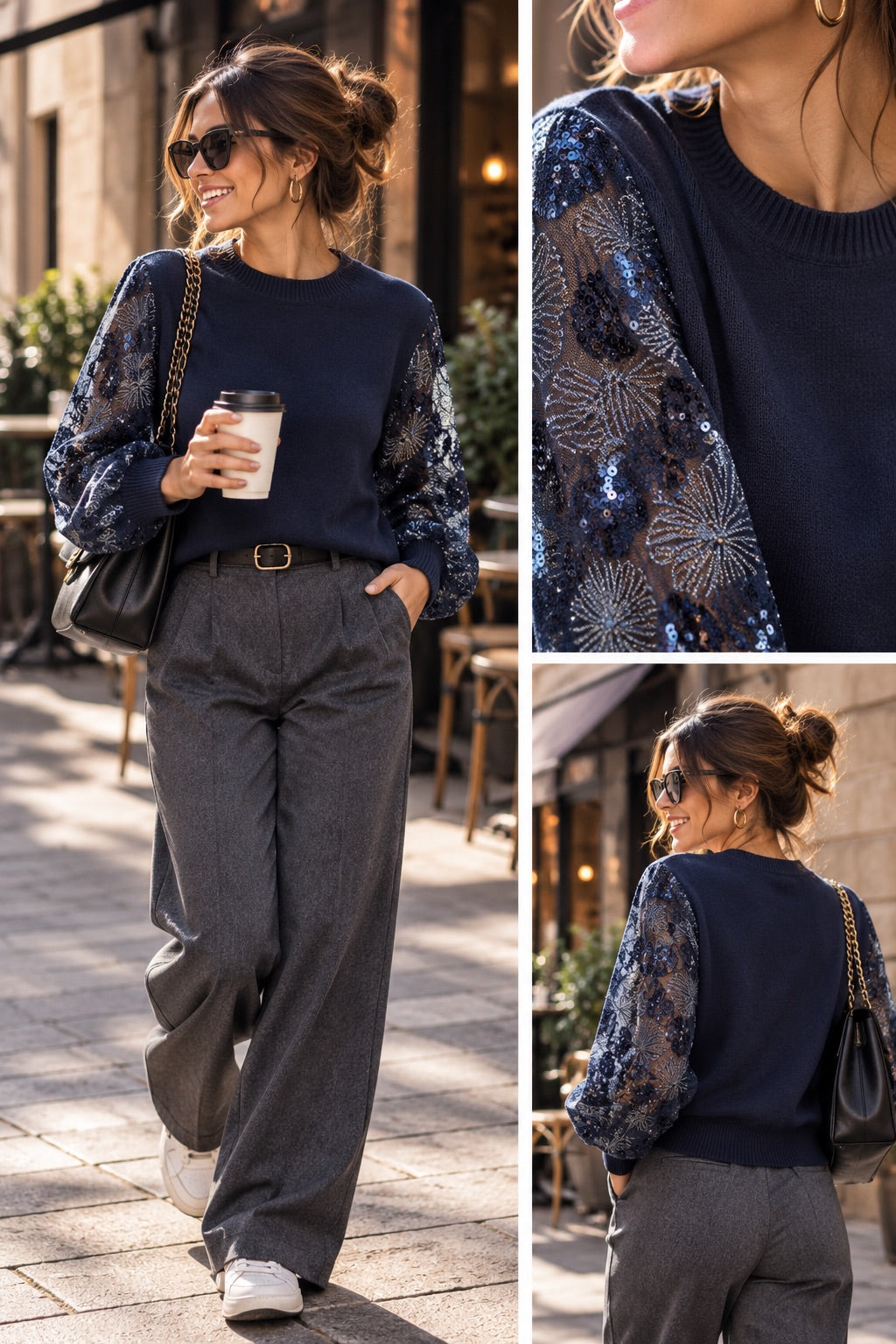 Maglioncino blu con maniche effetto tulle ricamato in taglia unica