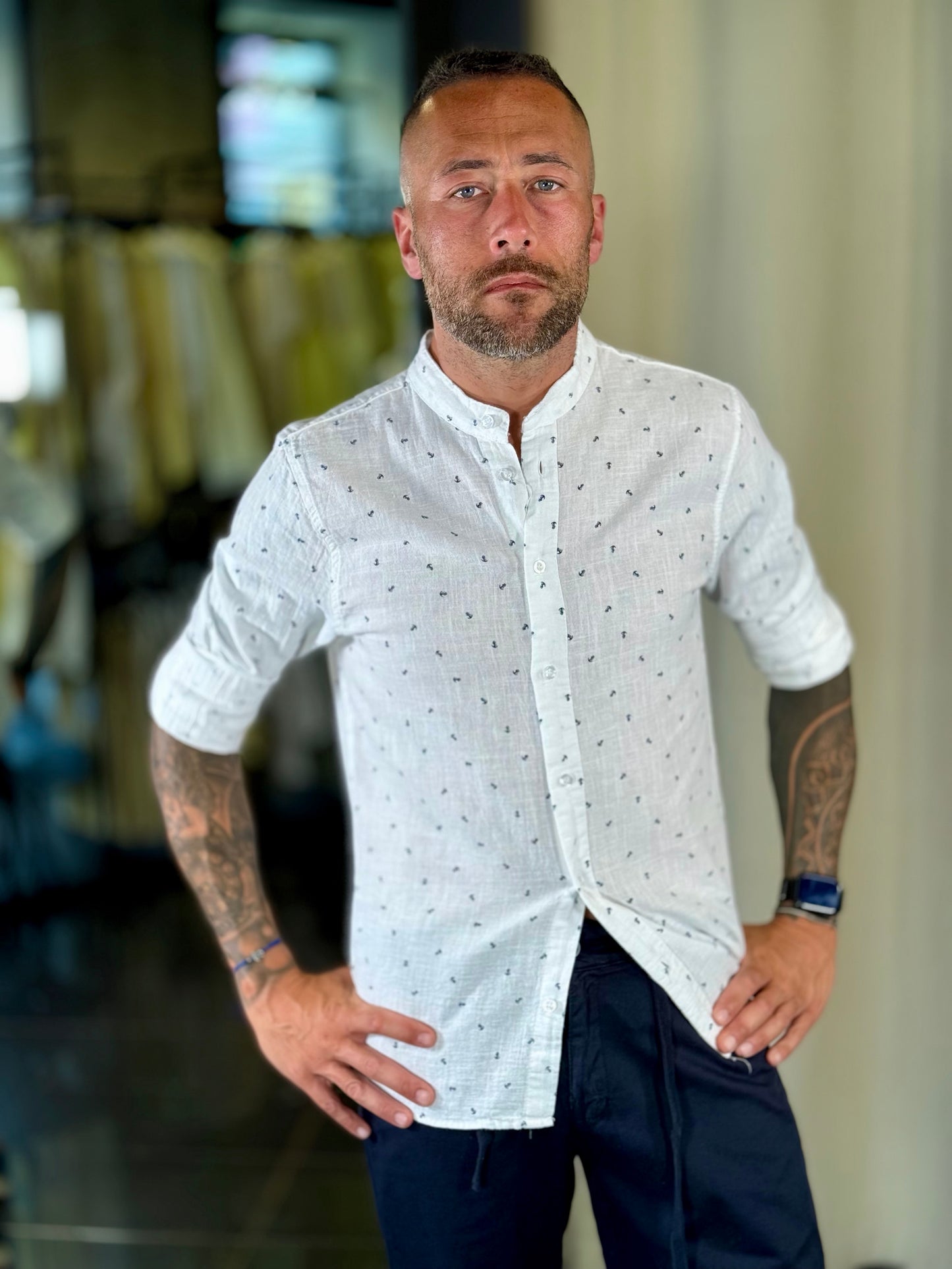 Camicia in lino bianca coreana con stampa ancora blu 626