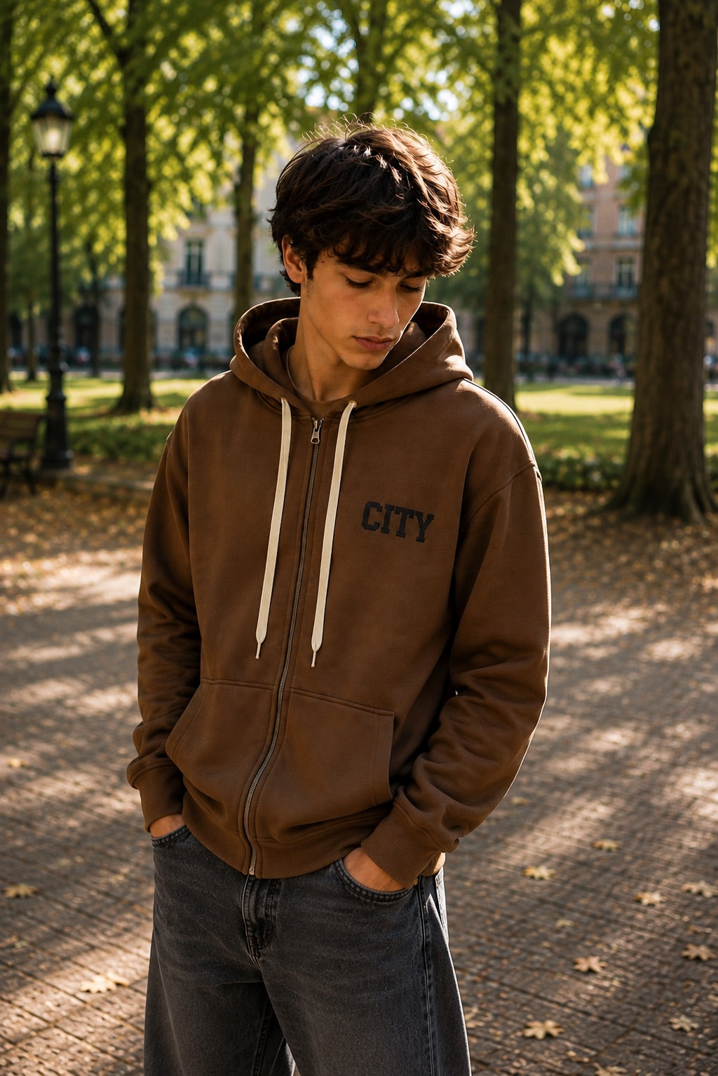 Felpa con scritta city e zip e cappuccio marrone