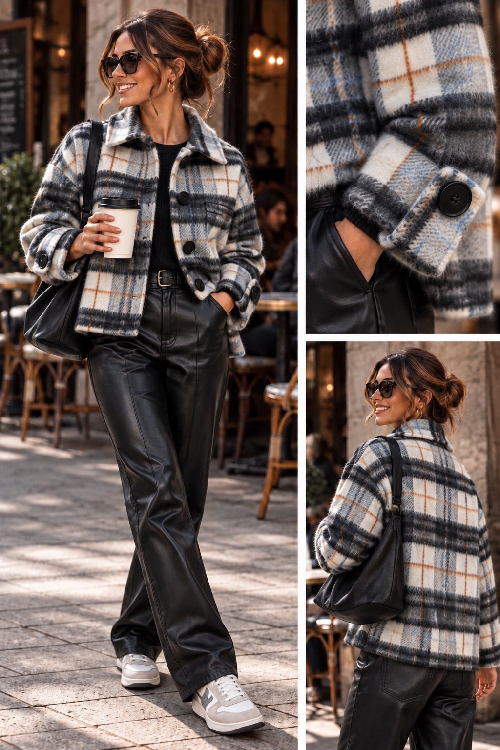 Cappottino check grigio e nero a camicia