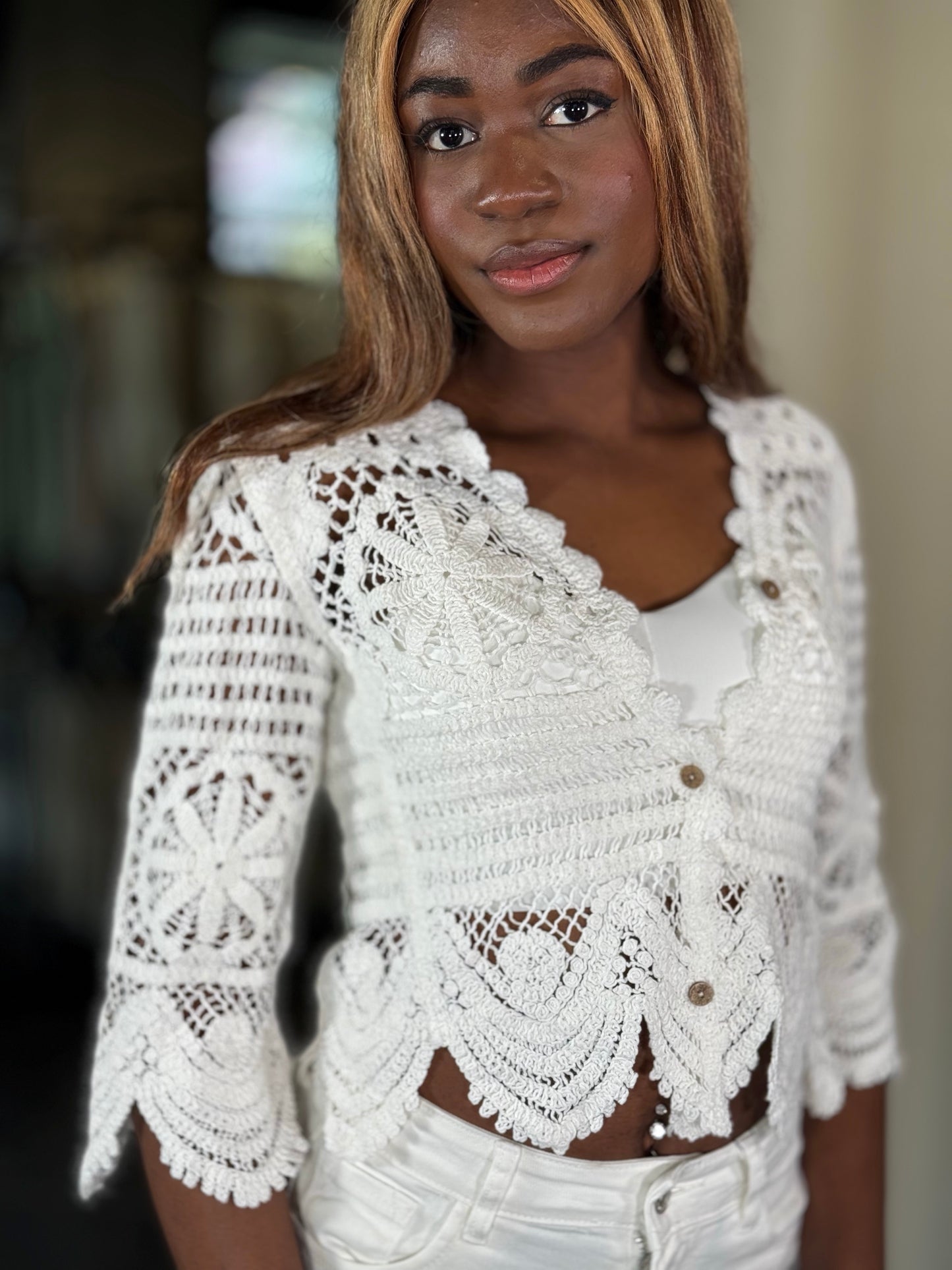 Cardigan crop uncinetto bianco in taglia unica 320