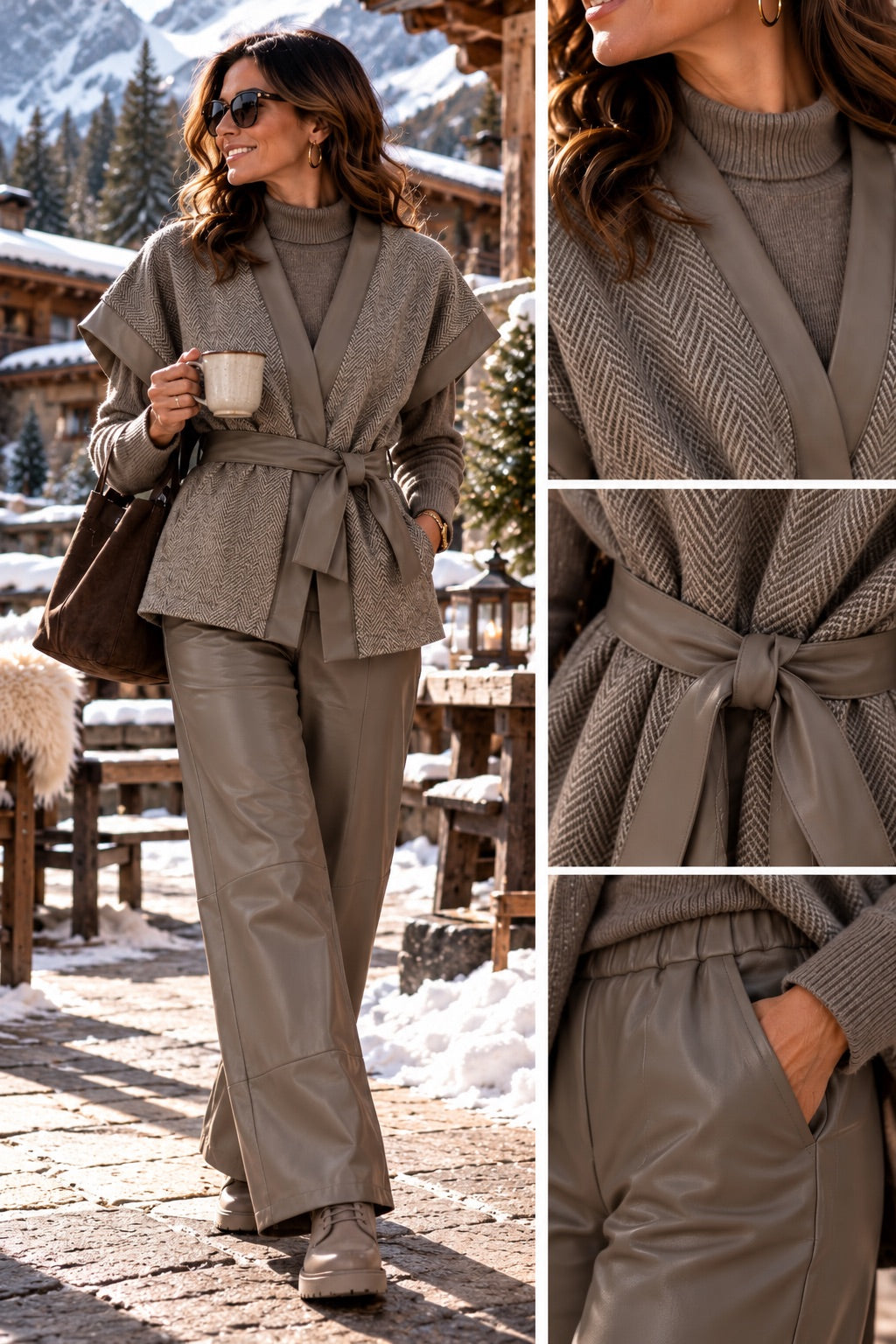 Completo Gilet, maglioncino a lupetto e pantalone in similpelle taupe in taglia unica