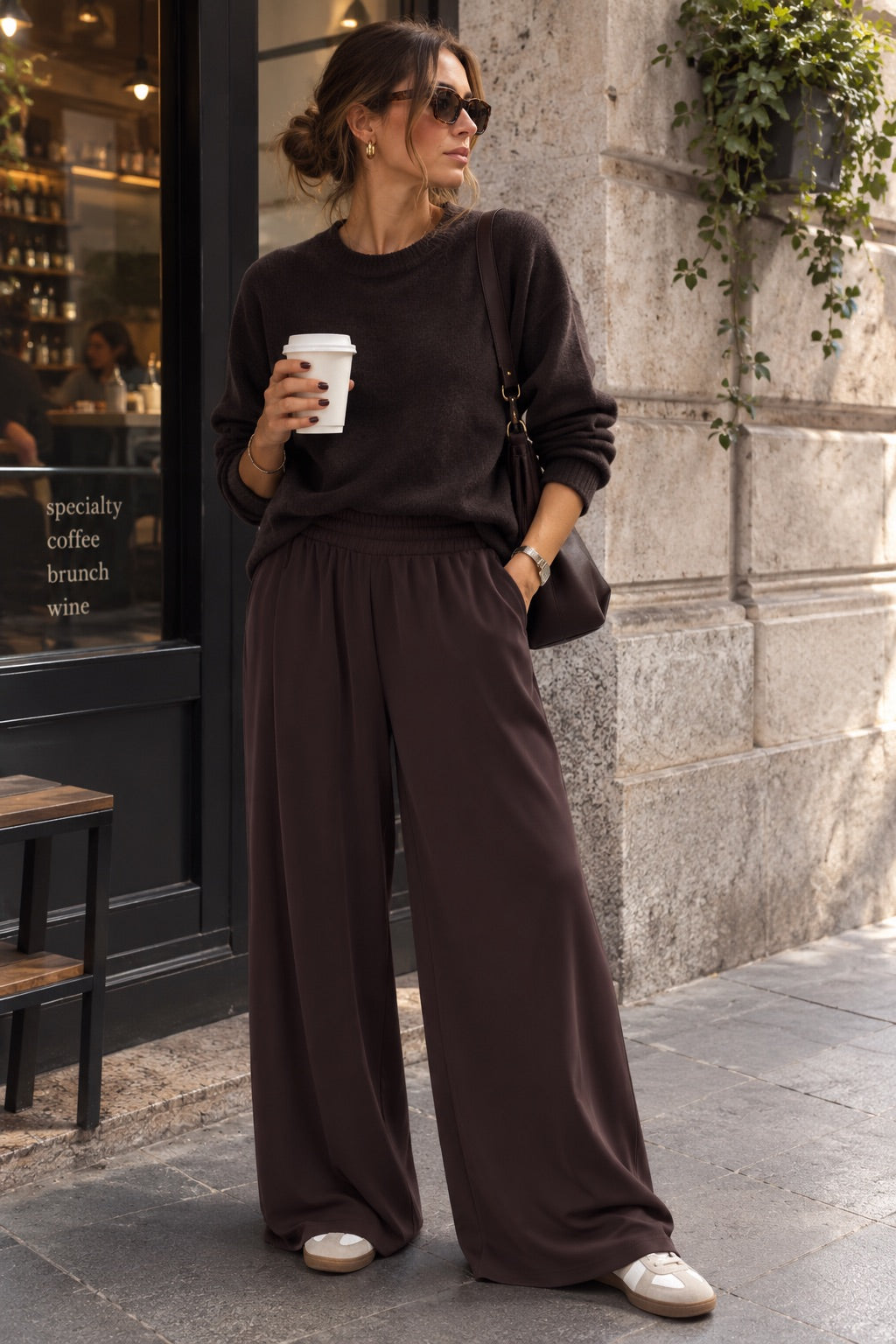Pantalone tuta a palazzo marrone in taglia unica