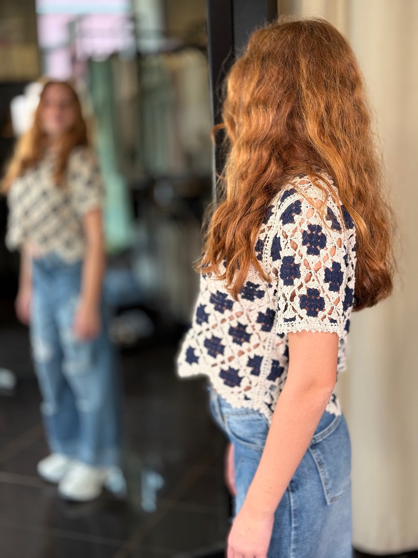 T-shirt crop crochet blu e corda in taglia unica 457