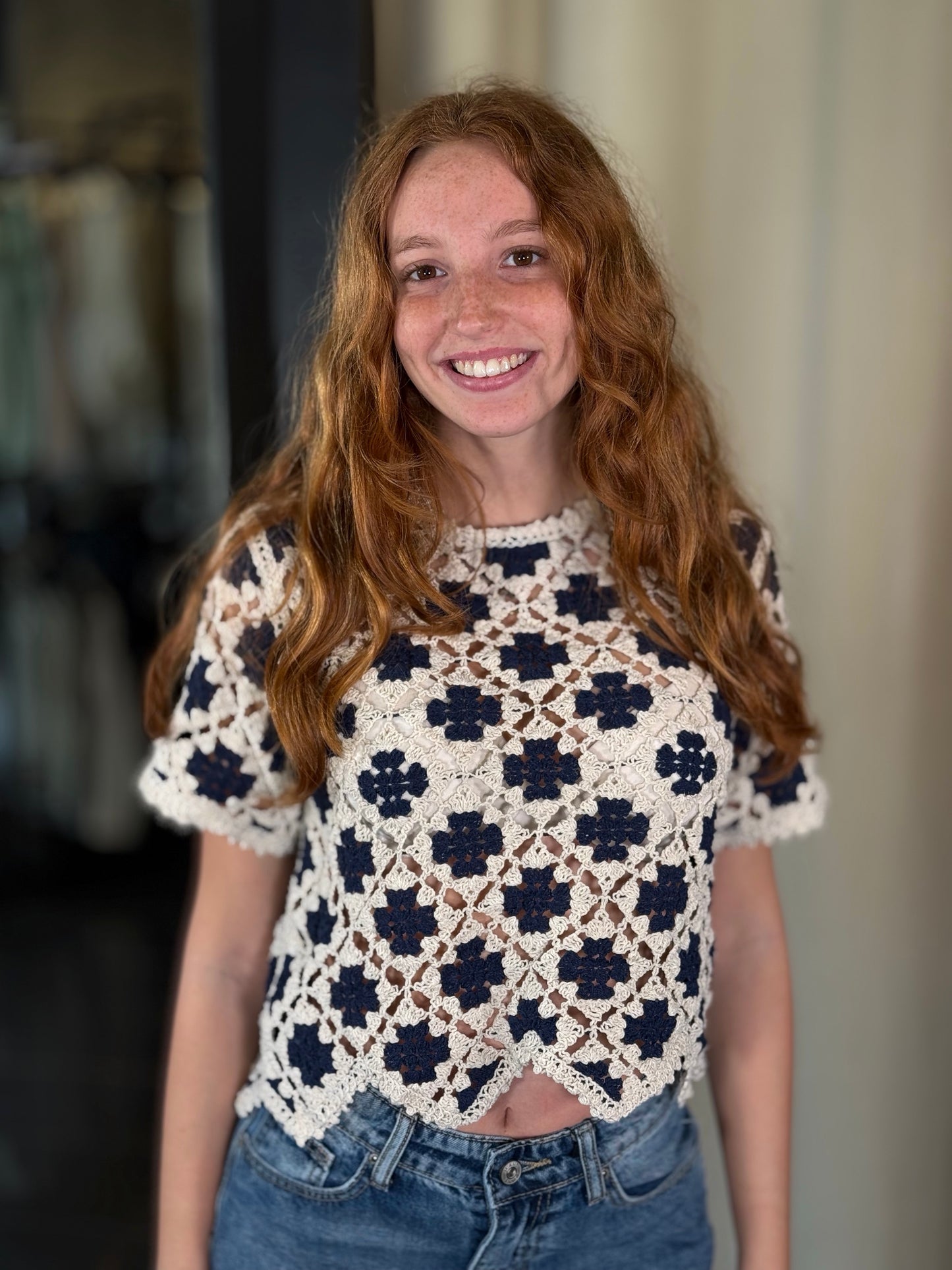 T-shirt crop crochet blu e corda in taglia unica 457