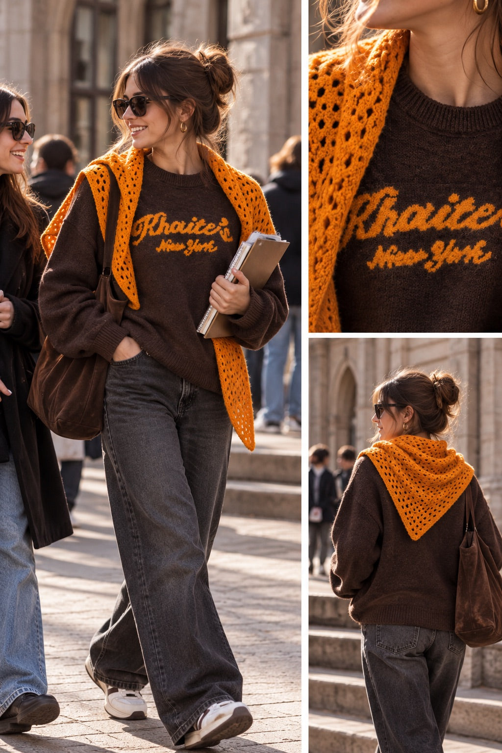 Maglione marrone con foulard tricot arancio in taglia unica