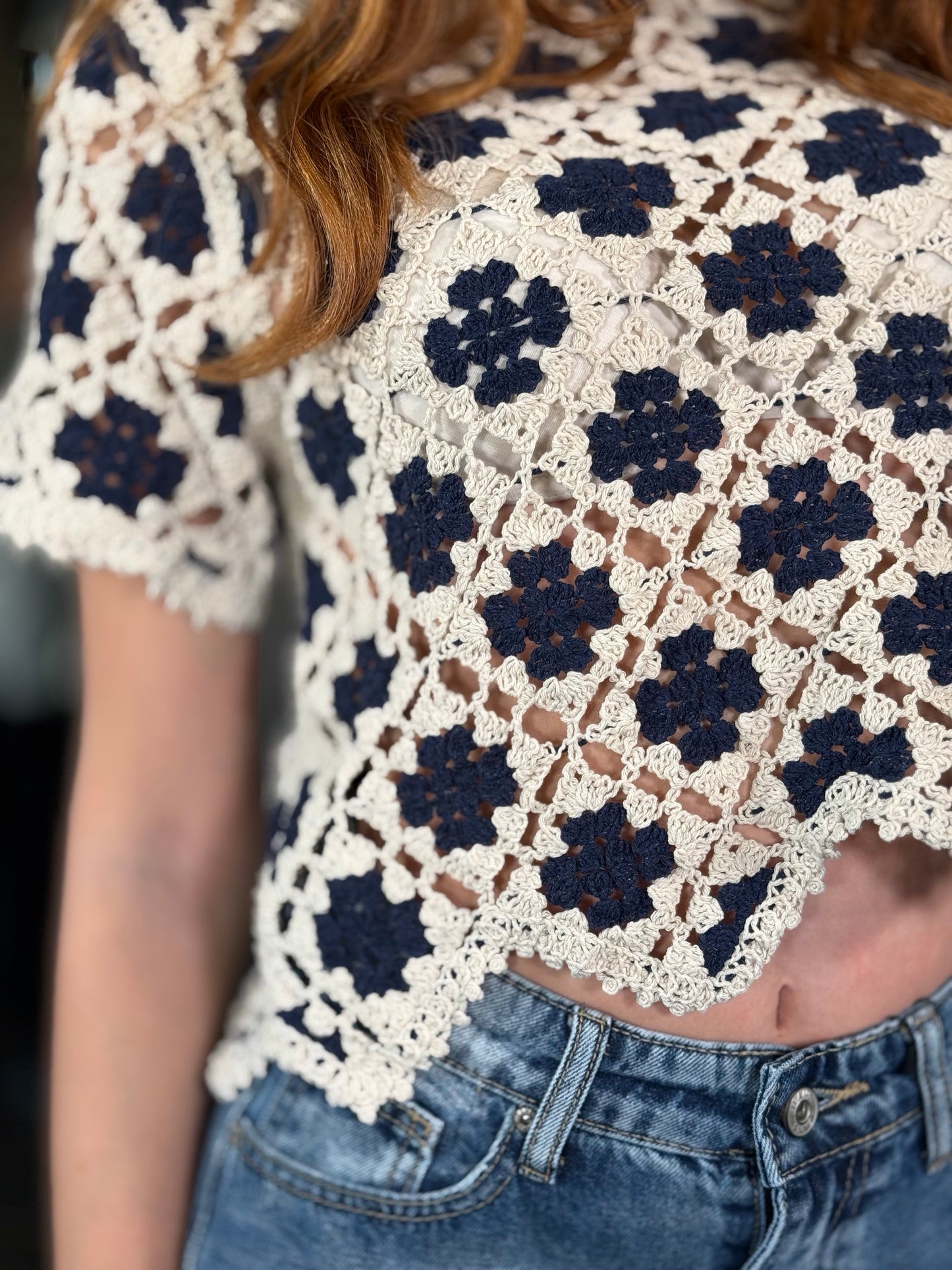 T-shirt crop crochet blu e corda in taglia unica 457