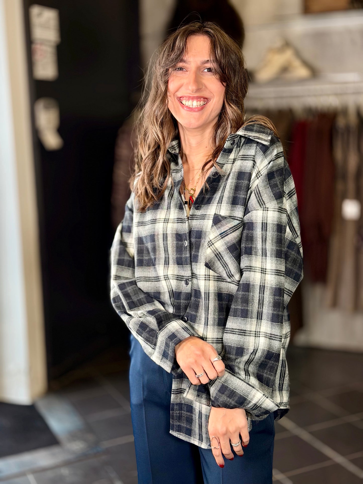 Camicia scozzese blu oversize in taglia unica 2223